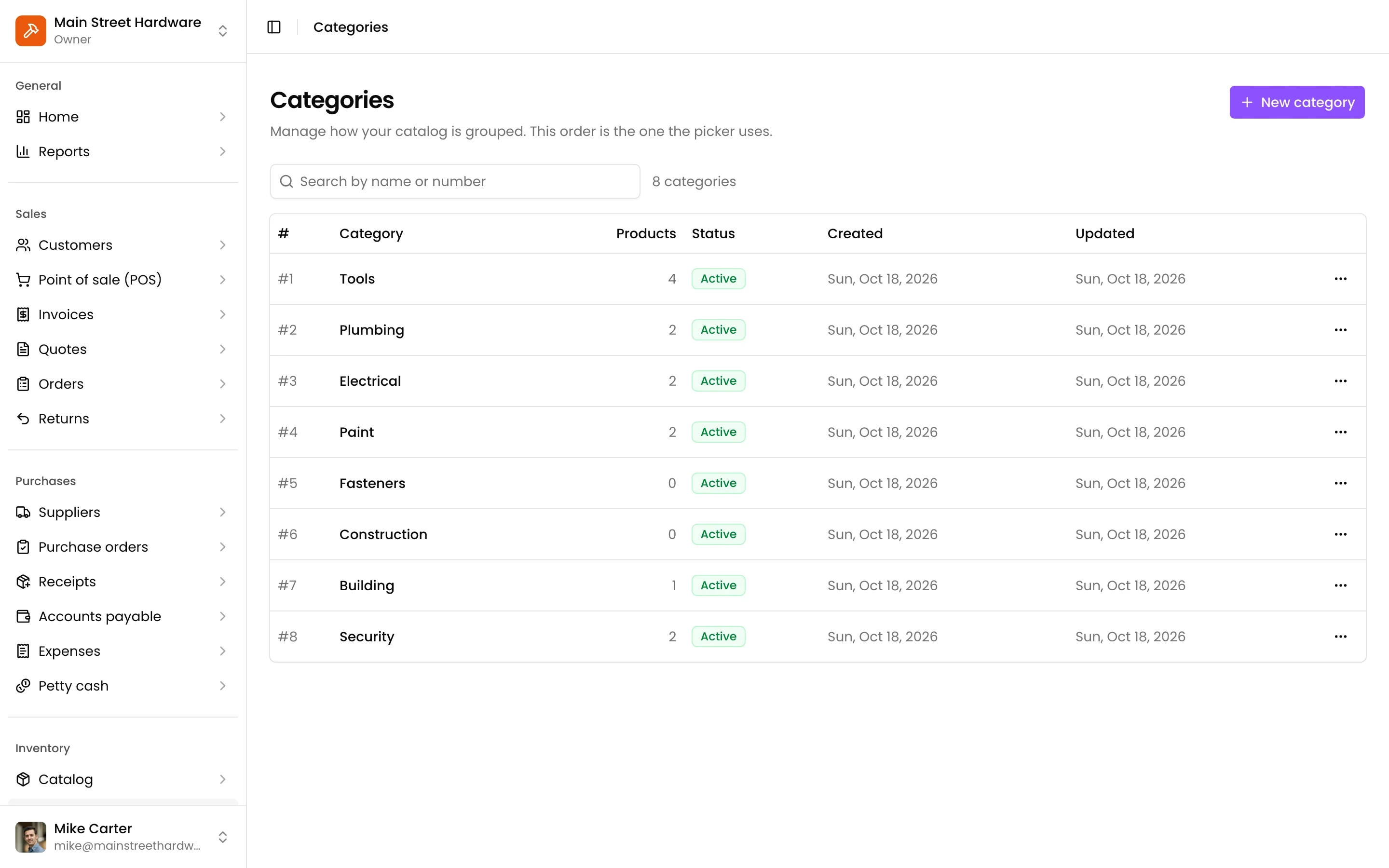 The catalog's categories in the point of sale's order