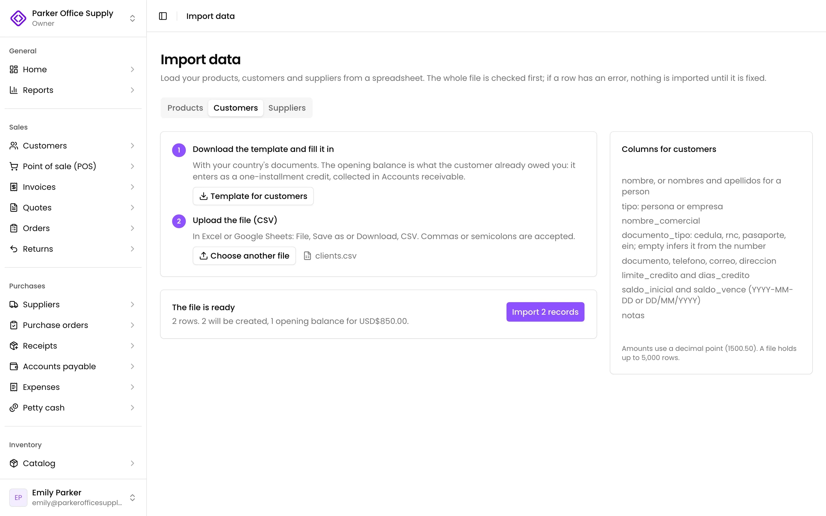 The customers preview, with a credit limit and an opening balance