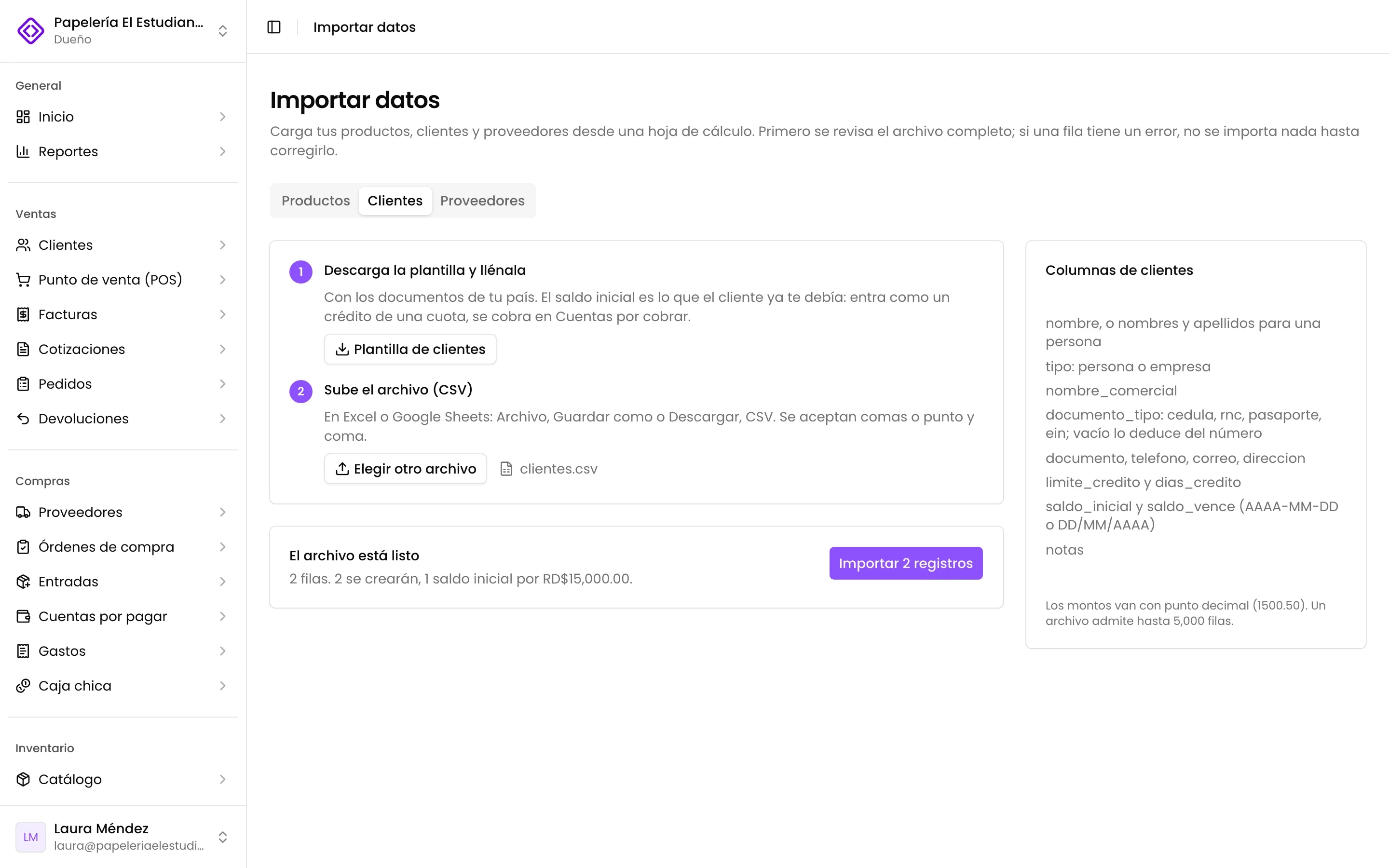 La vista previa de clientes, con un límite de crédito y un saldo inicial