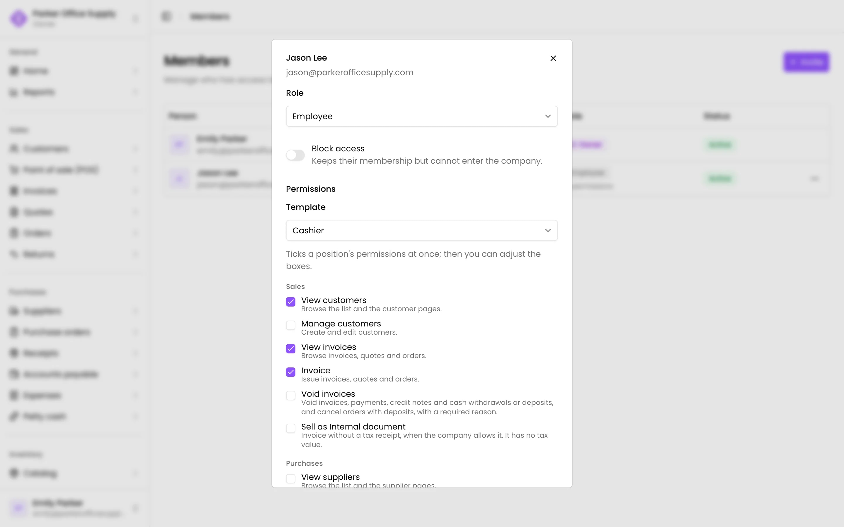 Editing a member: role, permissions and allowed branches