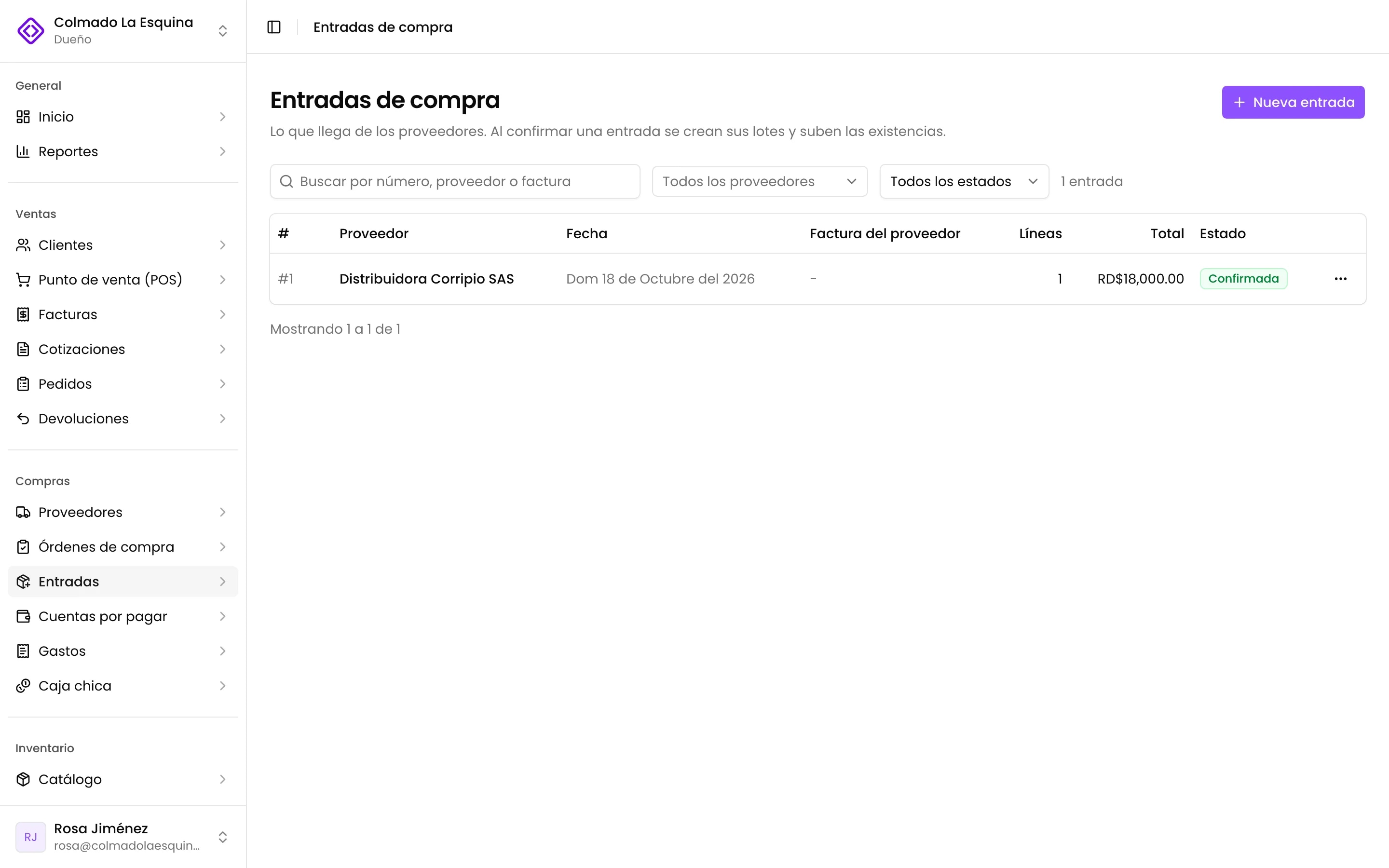 Las entradas de compra con su proveedor, total y estado