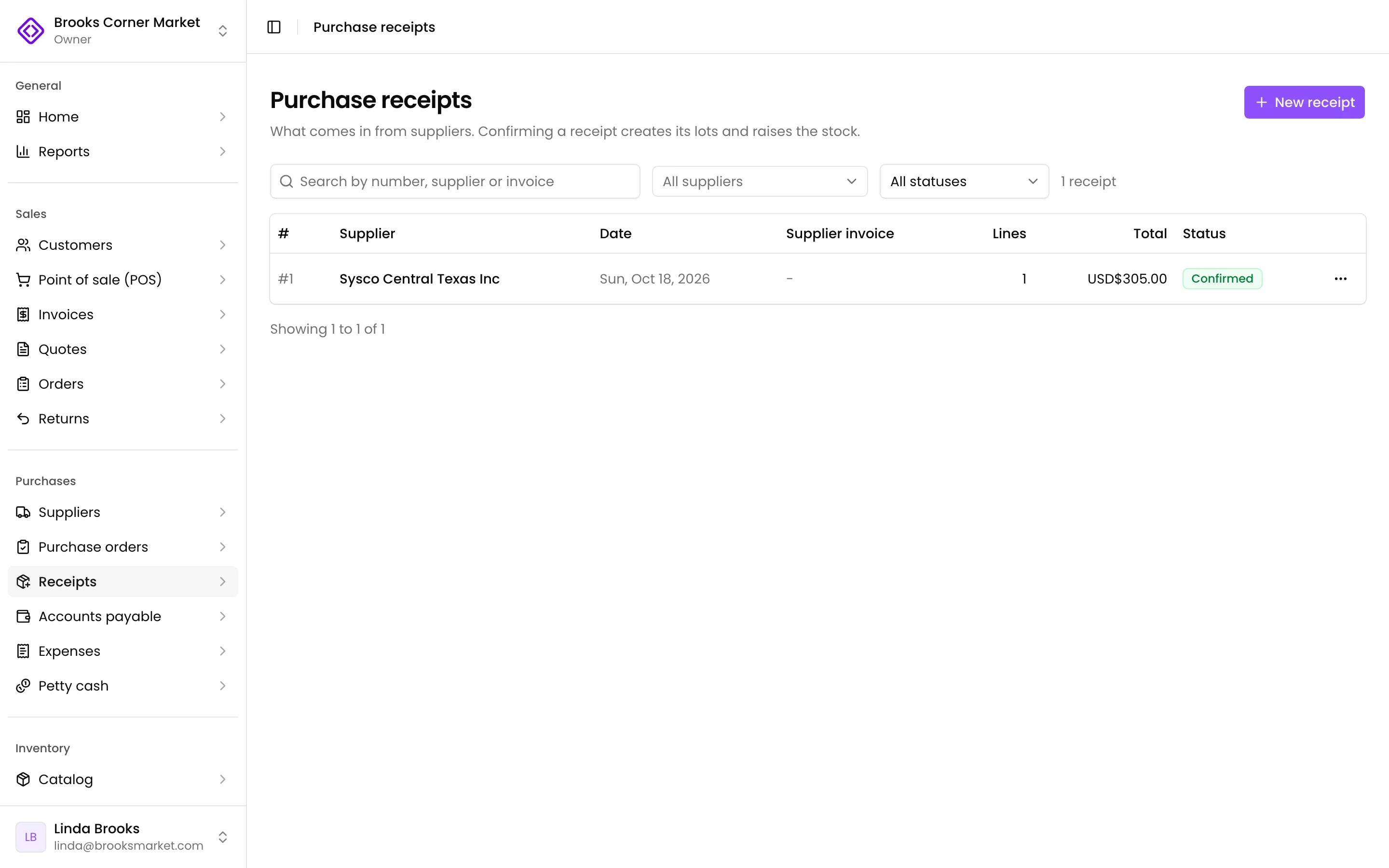 The purchase receipts with their supplier, total and status