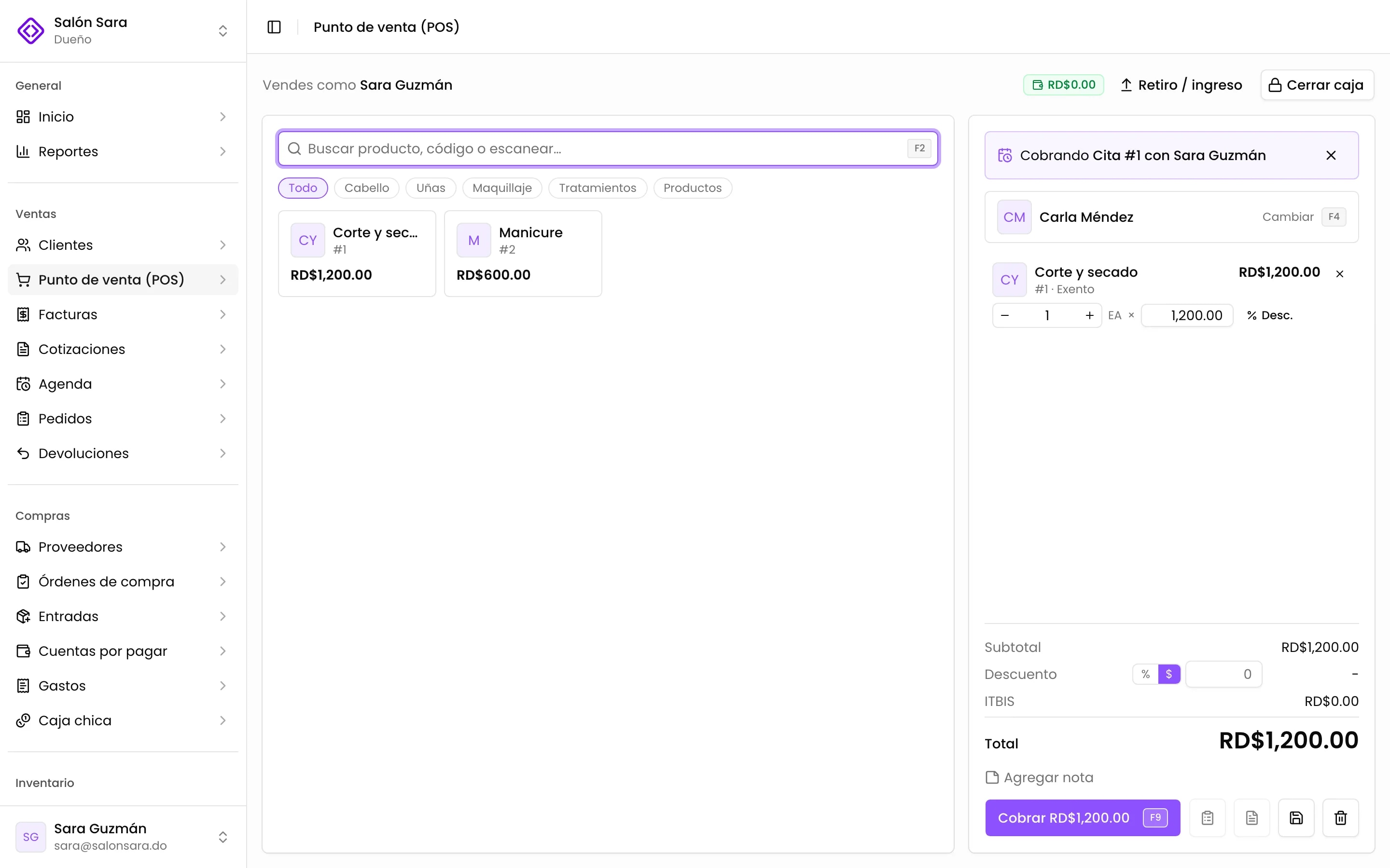 Los servicios de la cita cargados en el punto de venta para cobrar