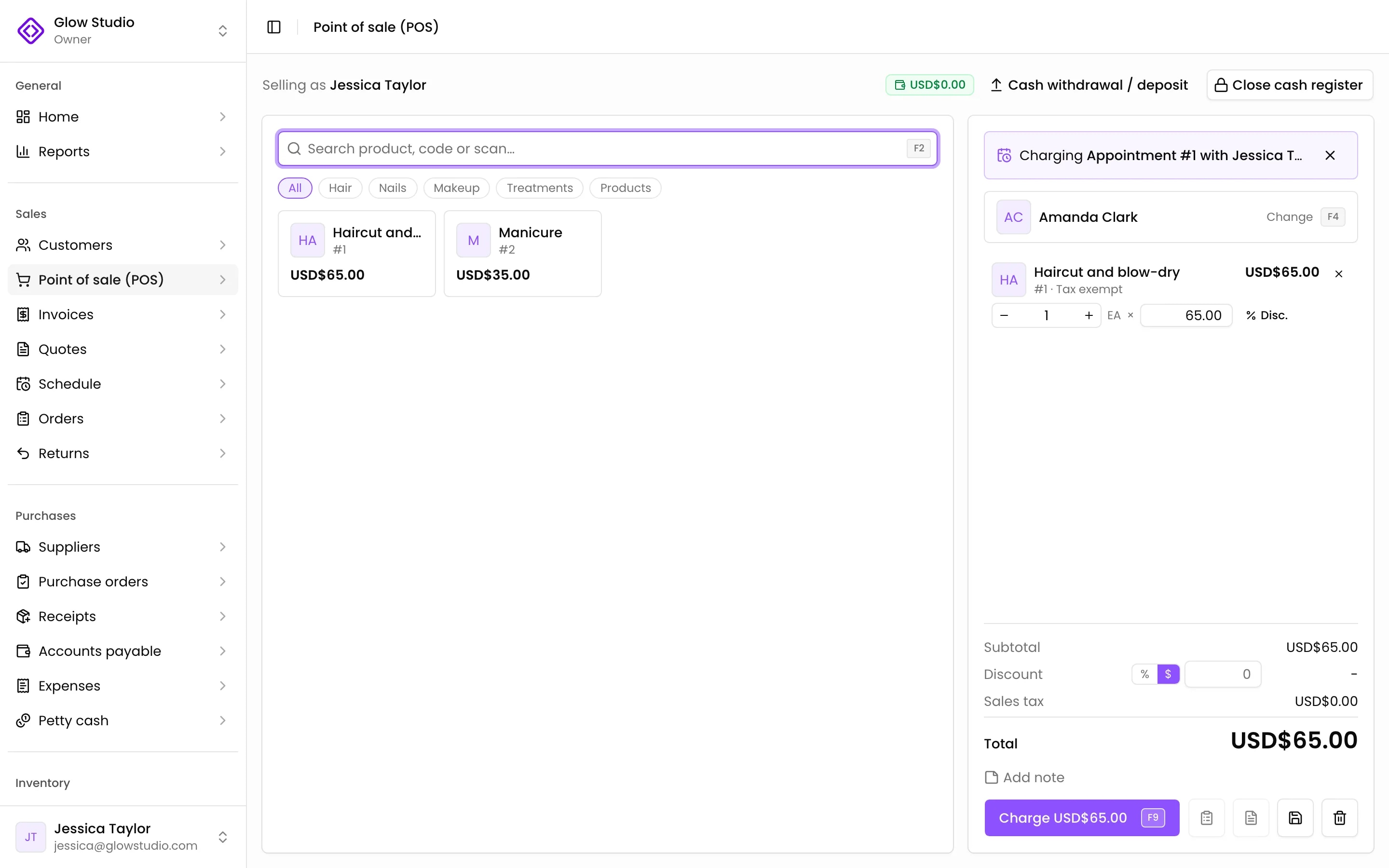 The appointment's services loaded in the point of sale to charge