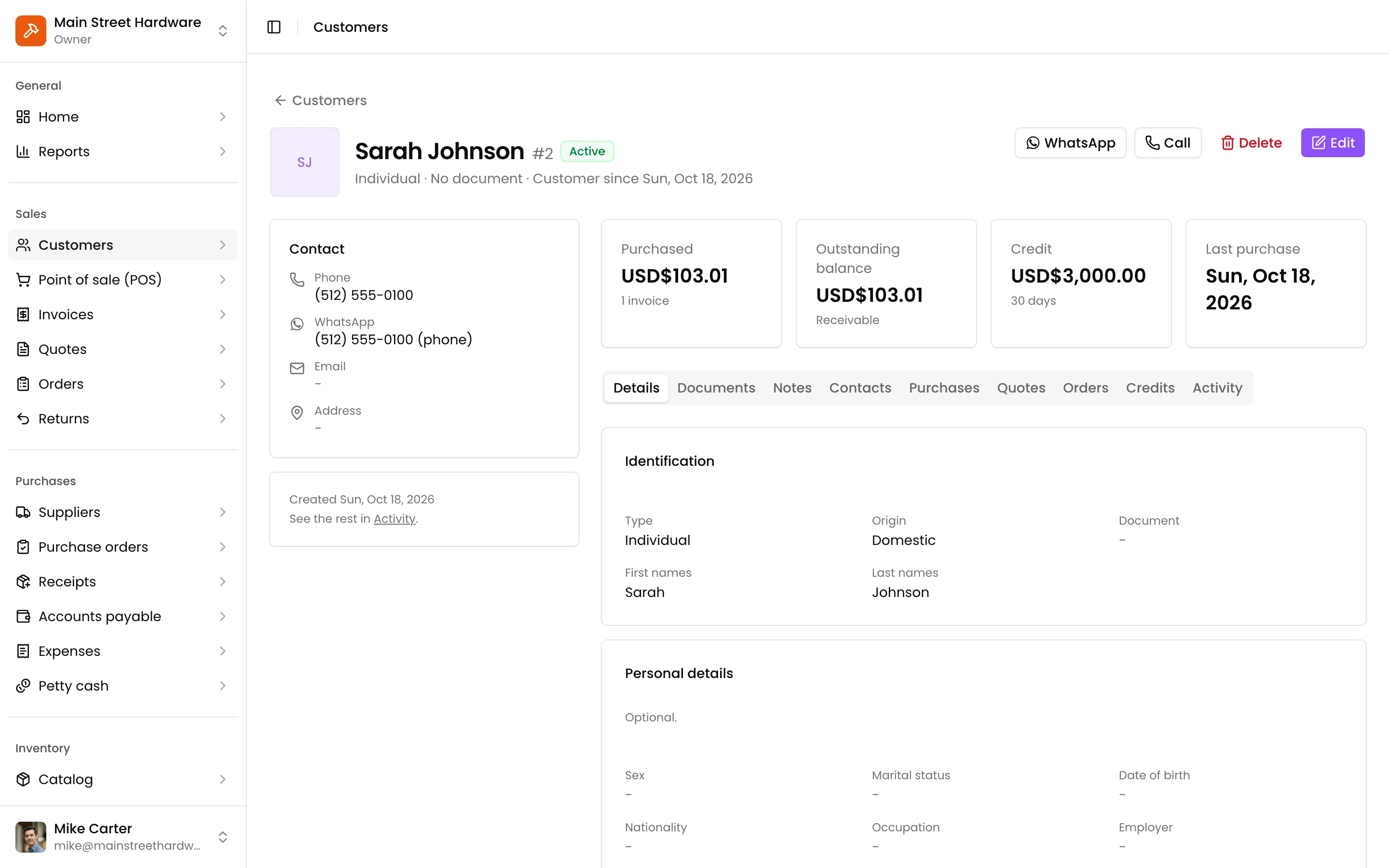 A customer record: details, balance, purchases and credits
