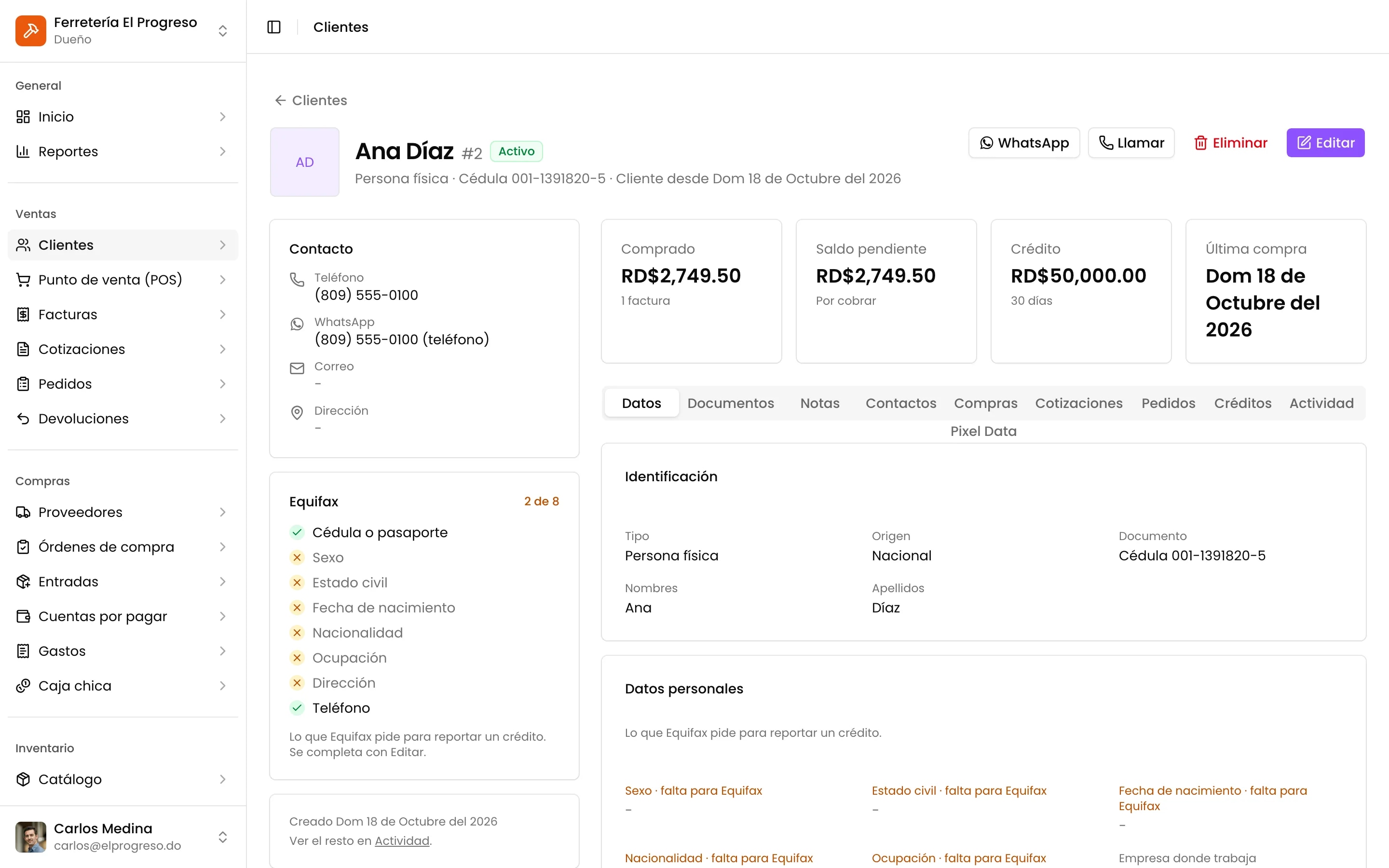 La ficha de un cliente: datos, saldo, compras y créditos