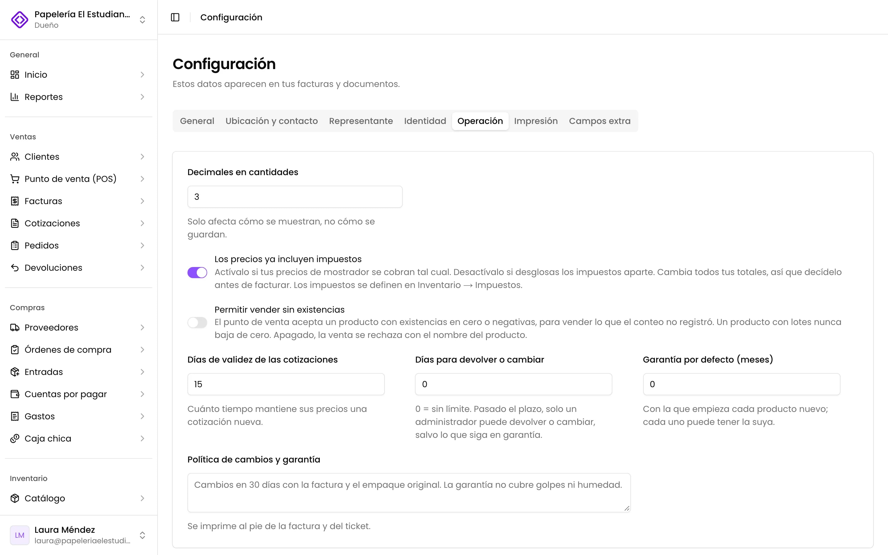 Configuración, pestaña Operación