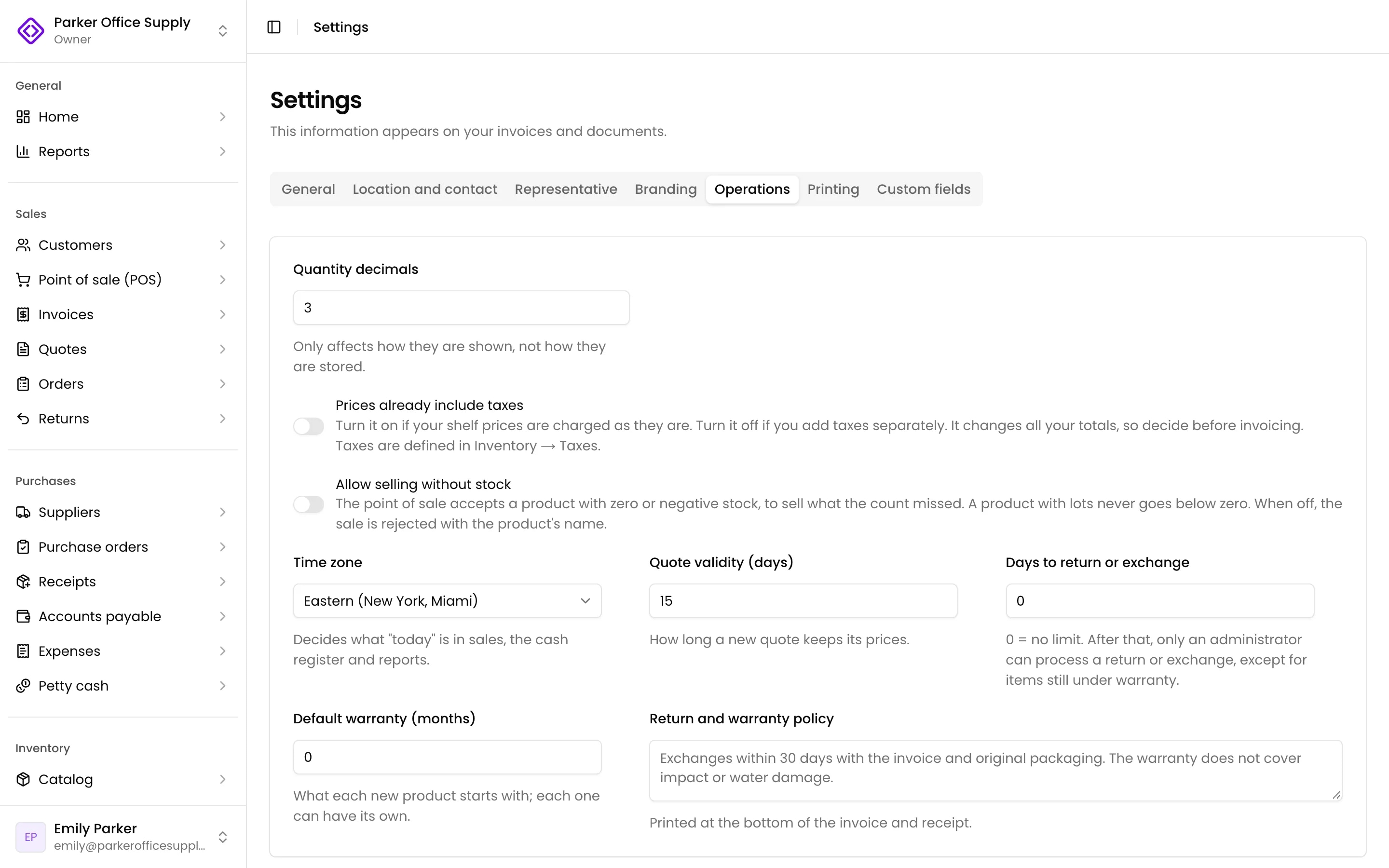 Settings, Operations tab