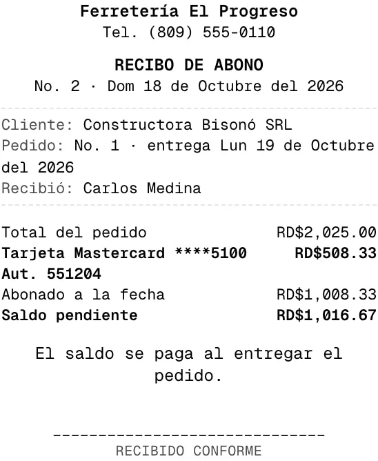 El recibo de un abono pagado con tarjeta