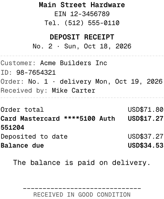 The receipt of a deposit paid by card