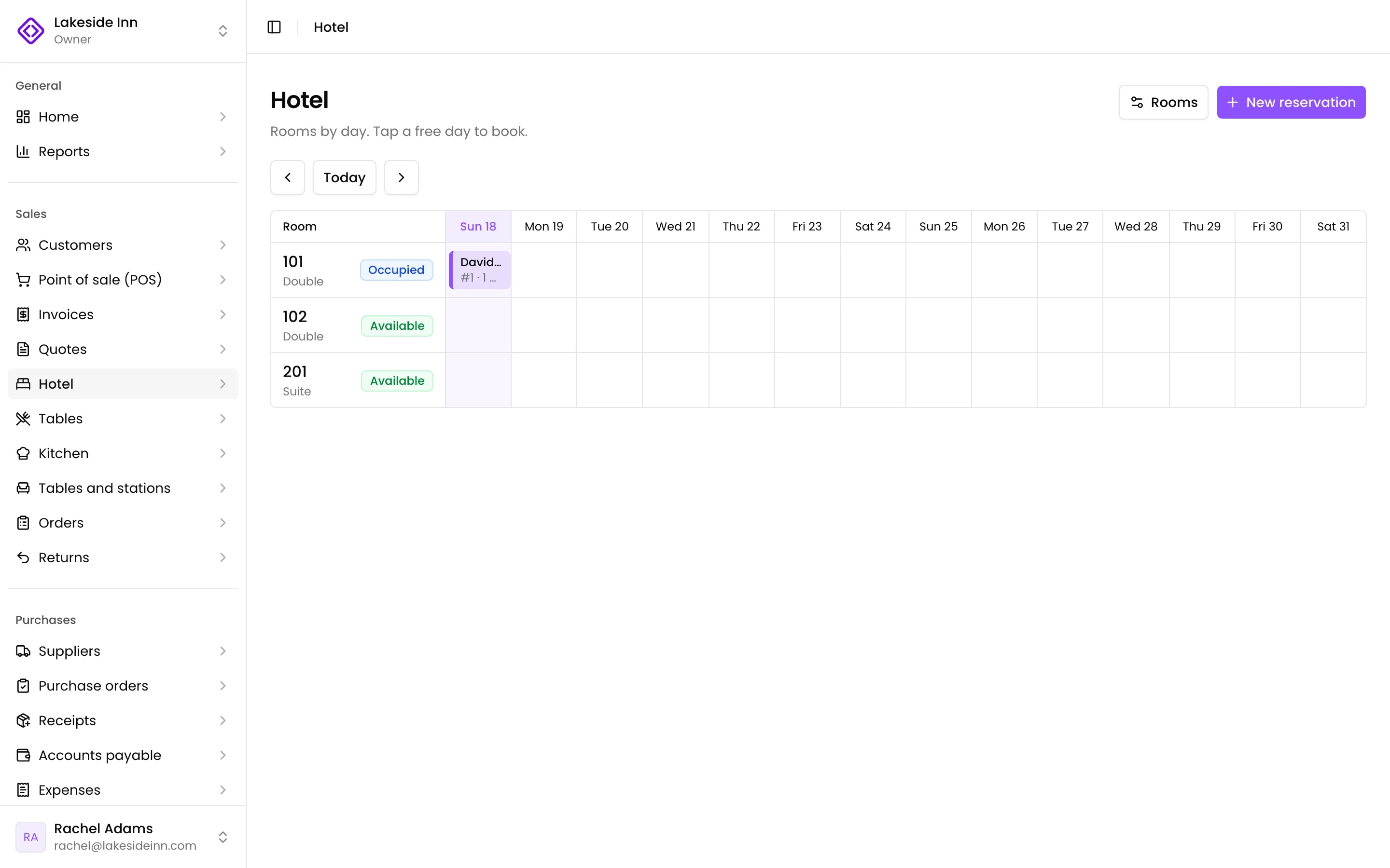 The hotel board: occupied, booked, free and in cleaning, by day