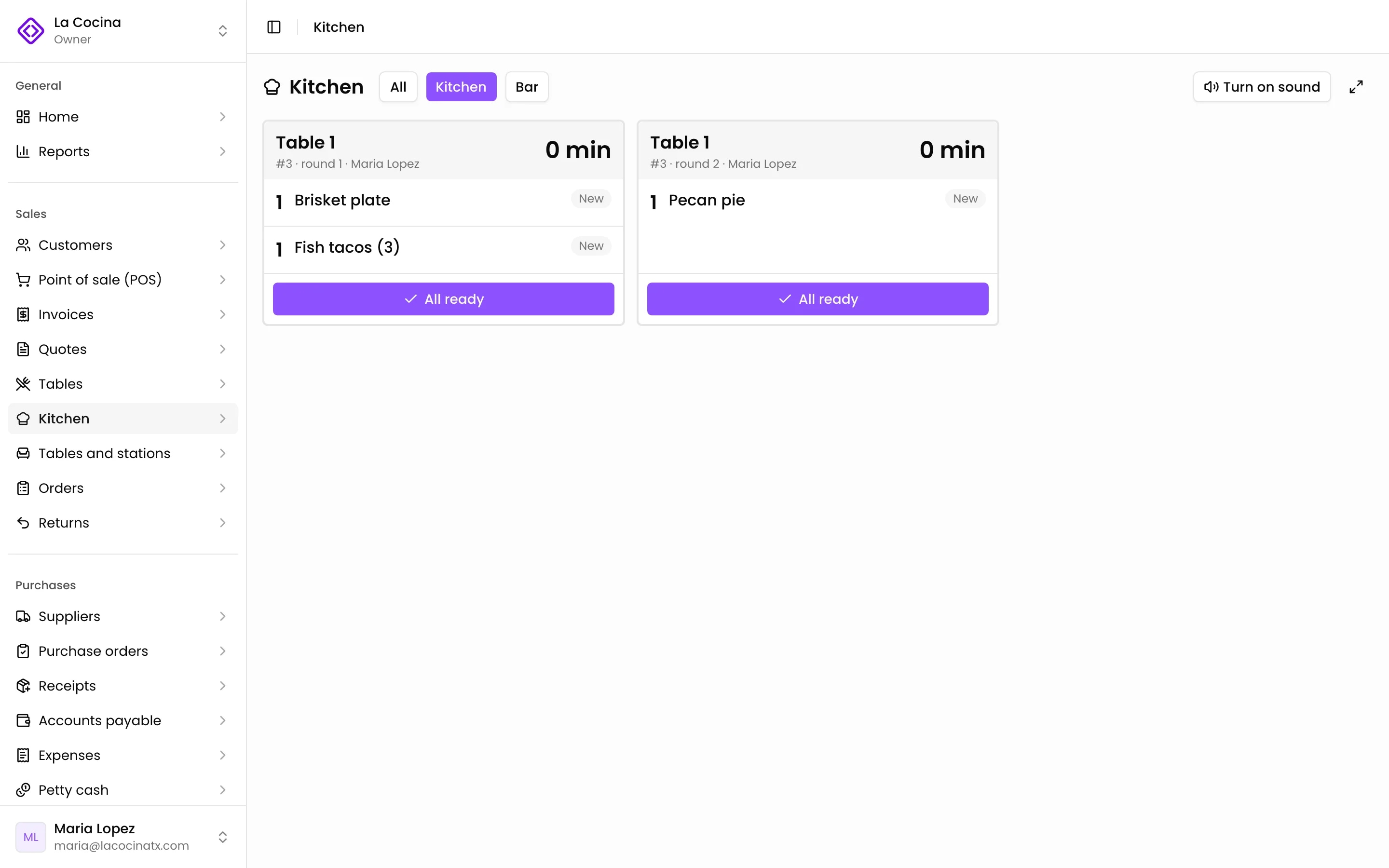 The kitchen screen by station with each round's tickets