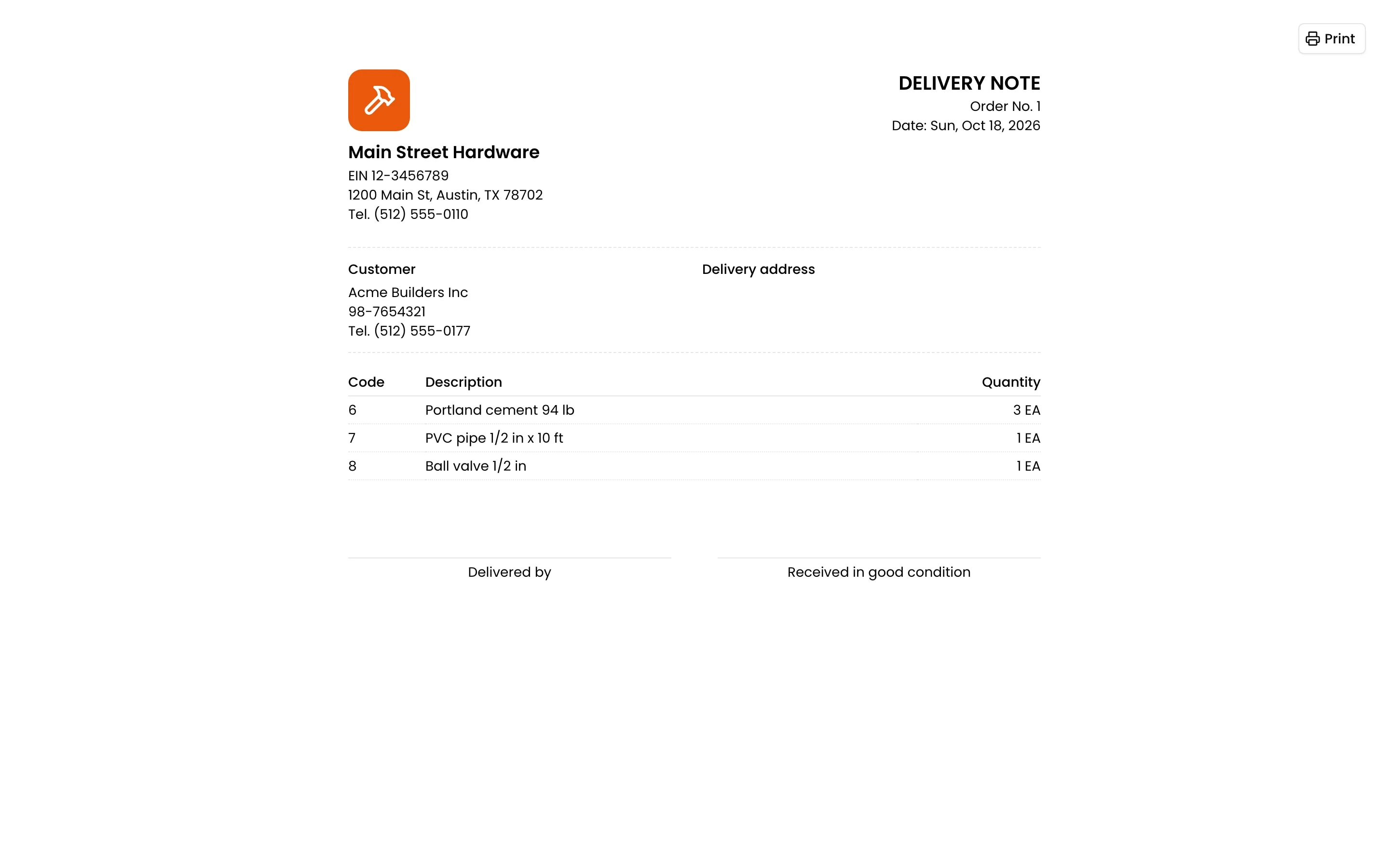 The order's delivery note, without prices