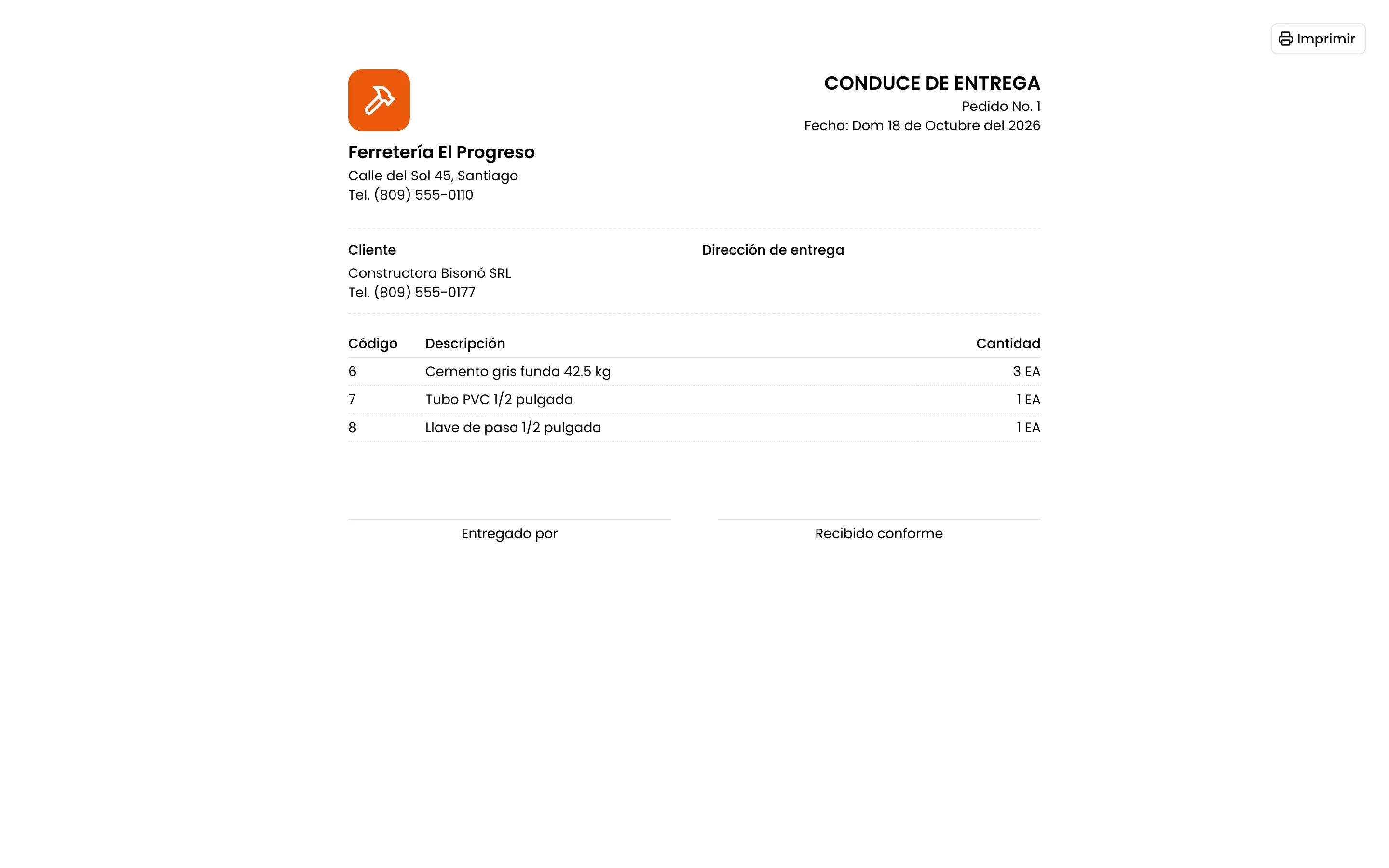 El conduce del pedido, sin precios