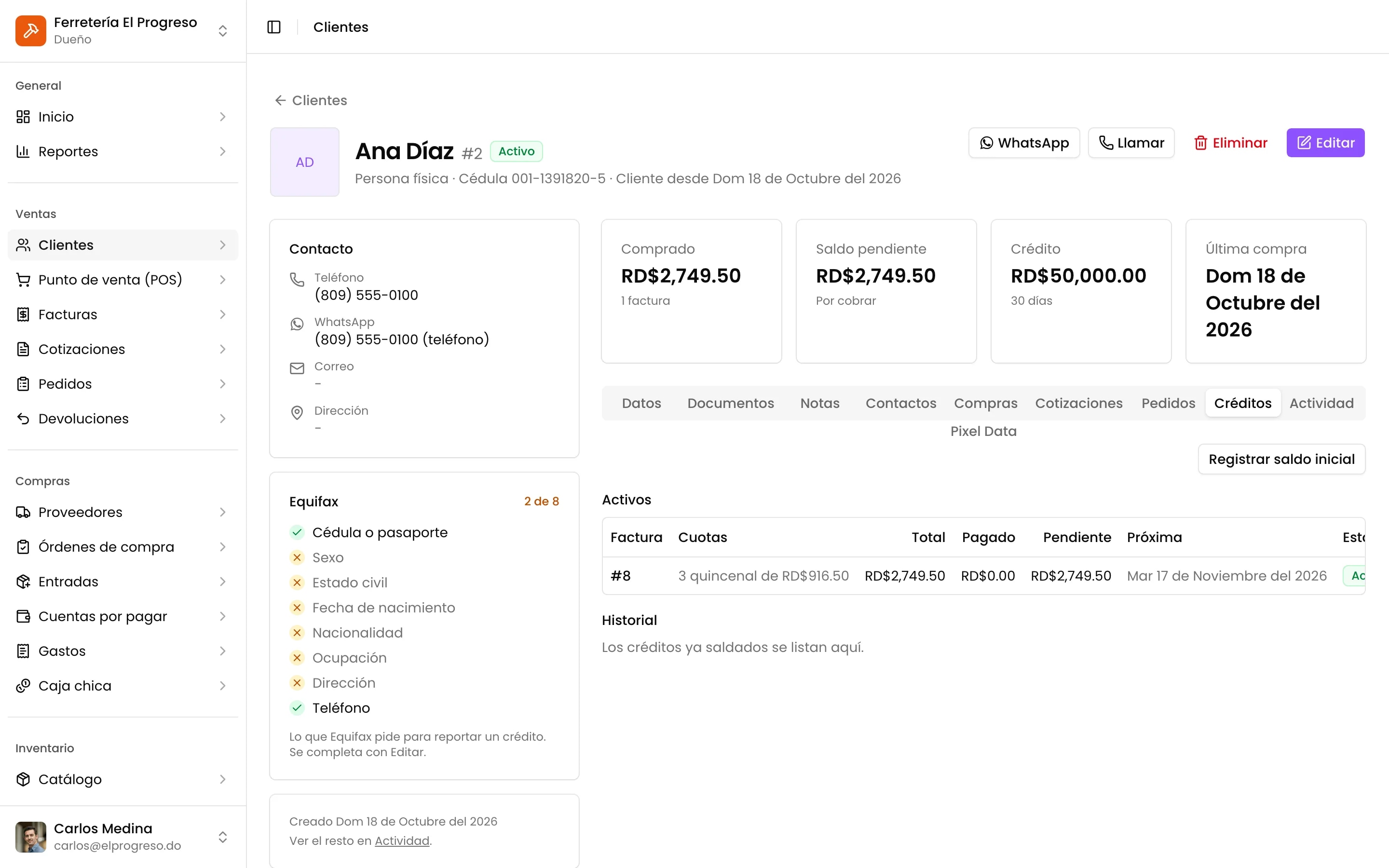 Los créditos de un cliente: cada venta a crédito con sus cuotas