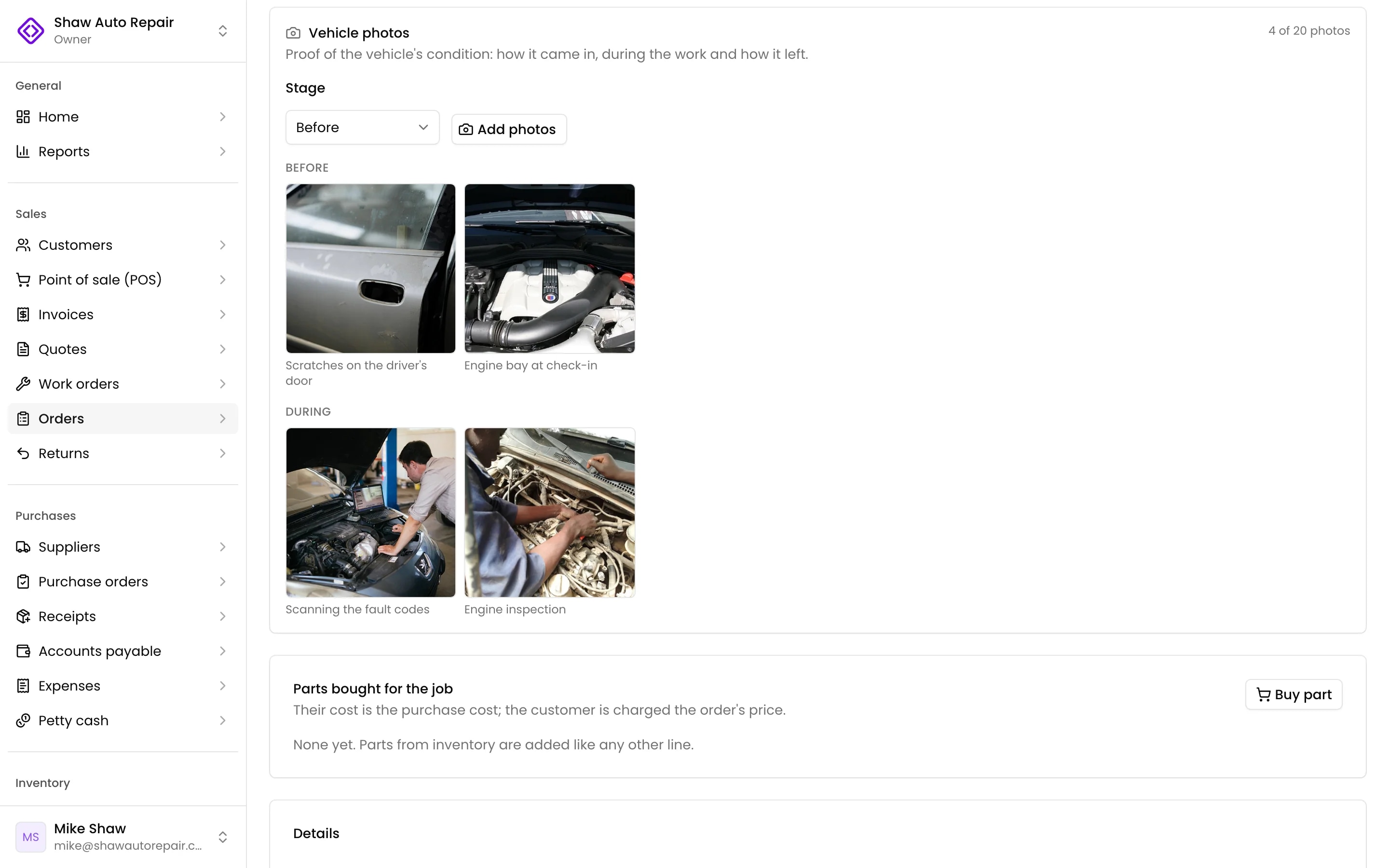The vehicle's photos by stage, each with its description