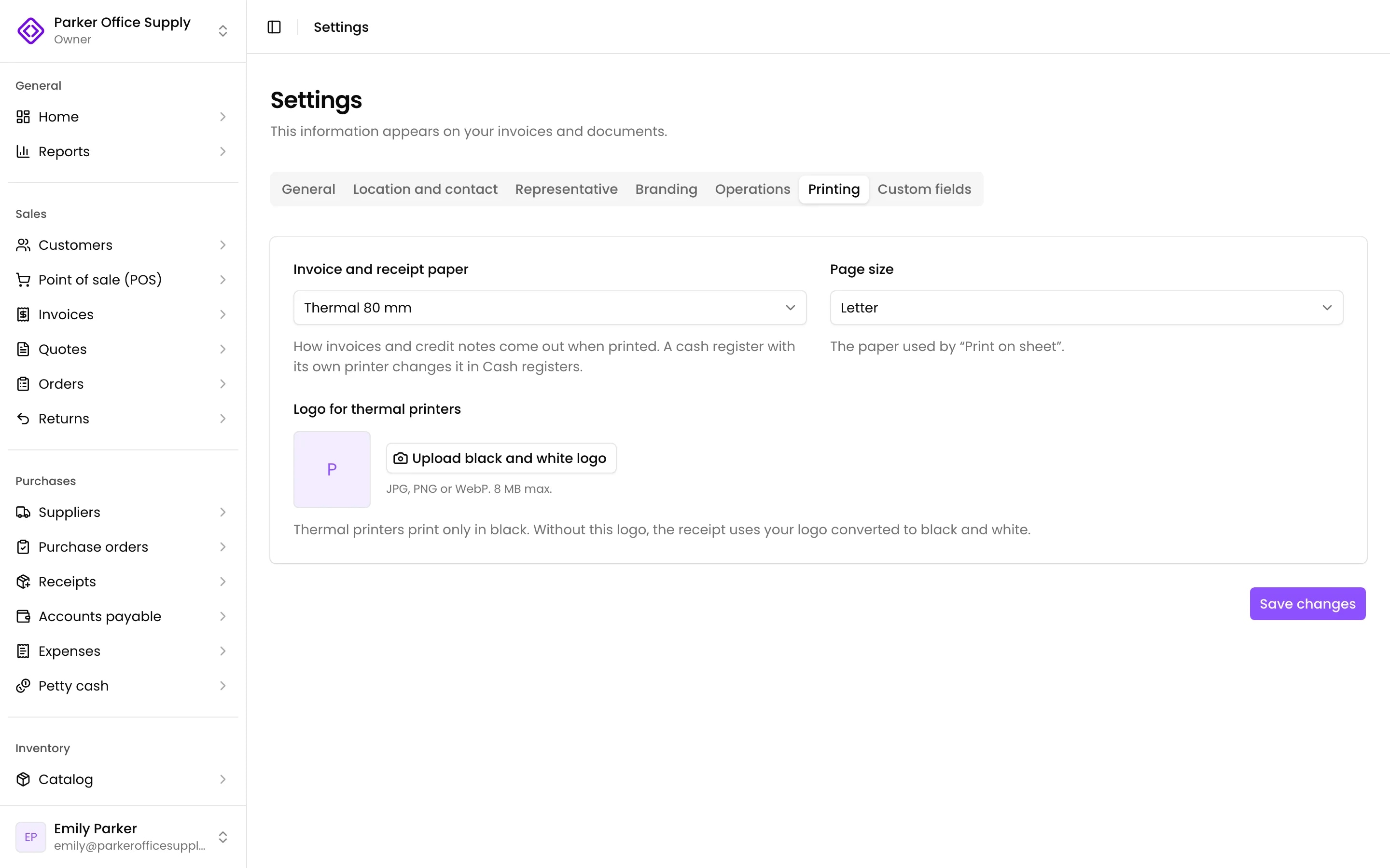 Settings, Printing tab: the invoice paper, the page size and the thermal logo
