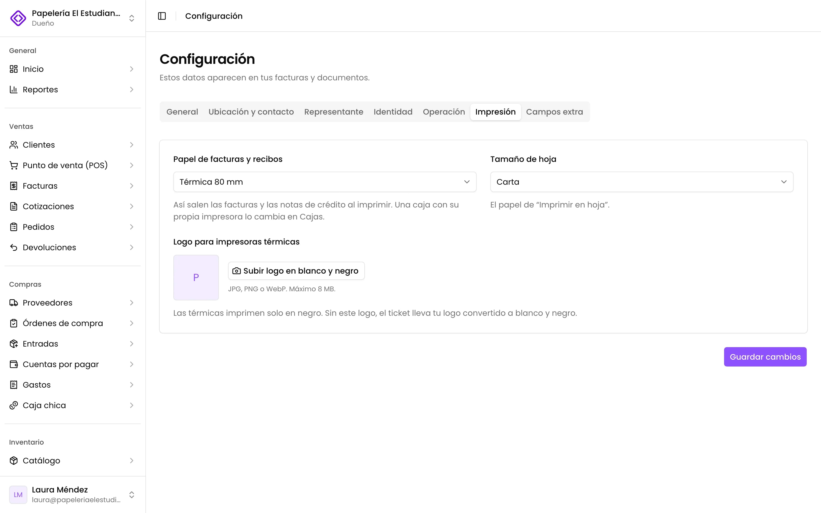 Configuración, pestaña Impresión: el papel de facturas, el tamaño de hoja y el logo para térmicas