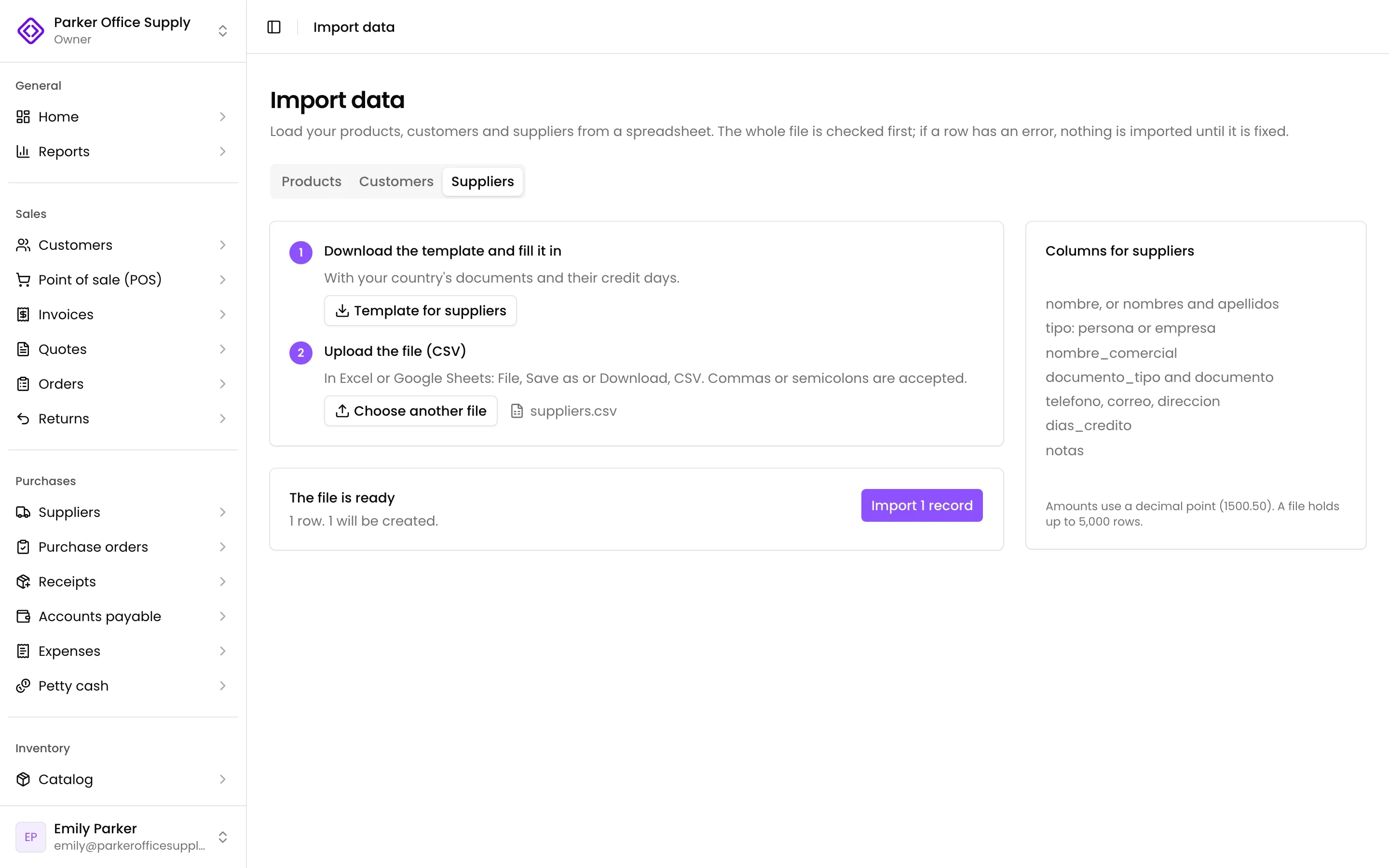 The preview of a supplier with its tax ID and credit days