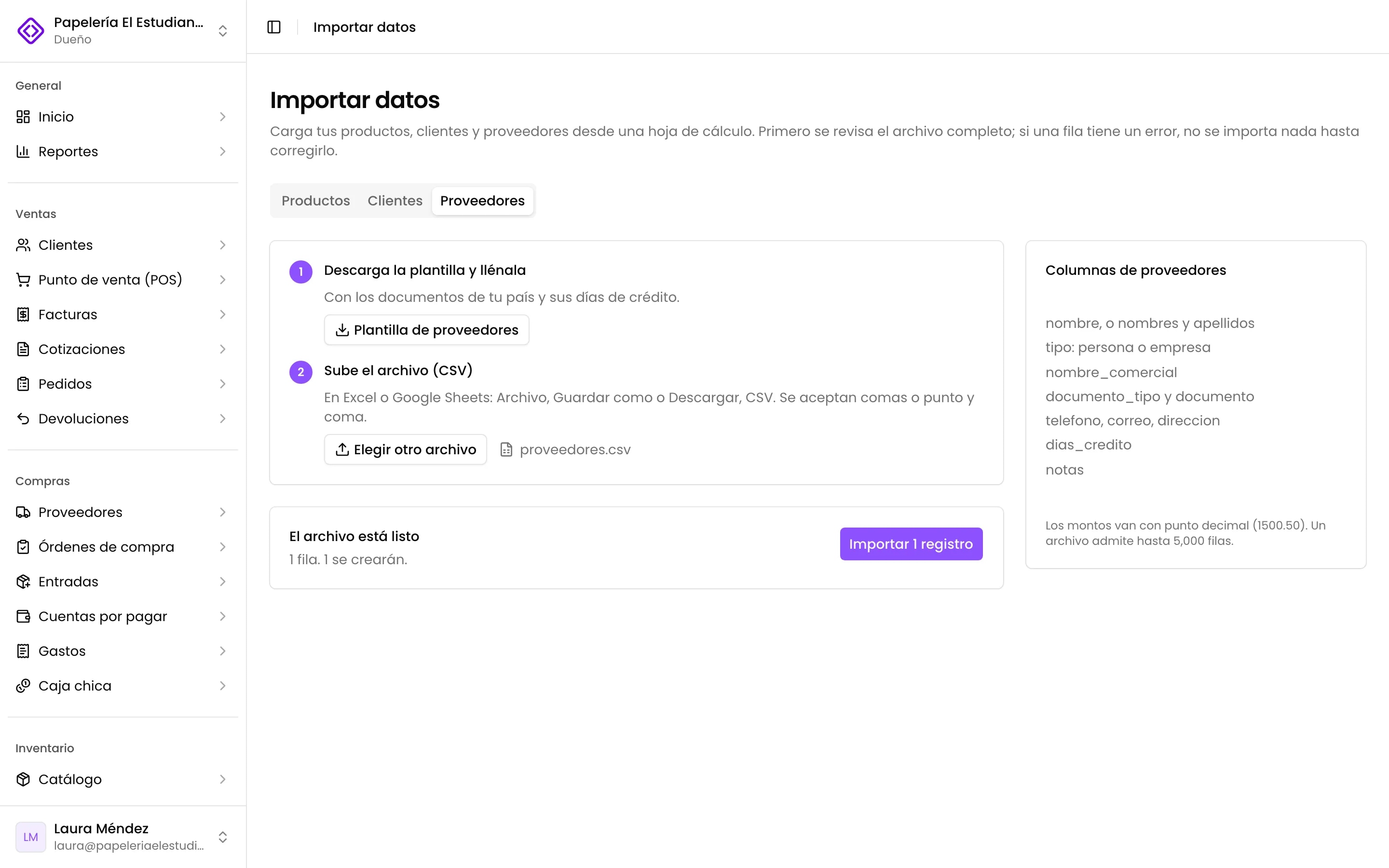 La vista previa de un proveedor con su RNC y sus días de crédito