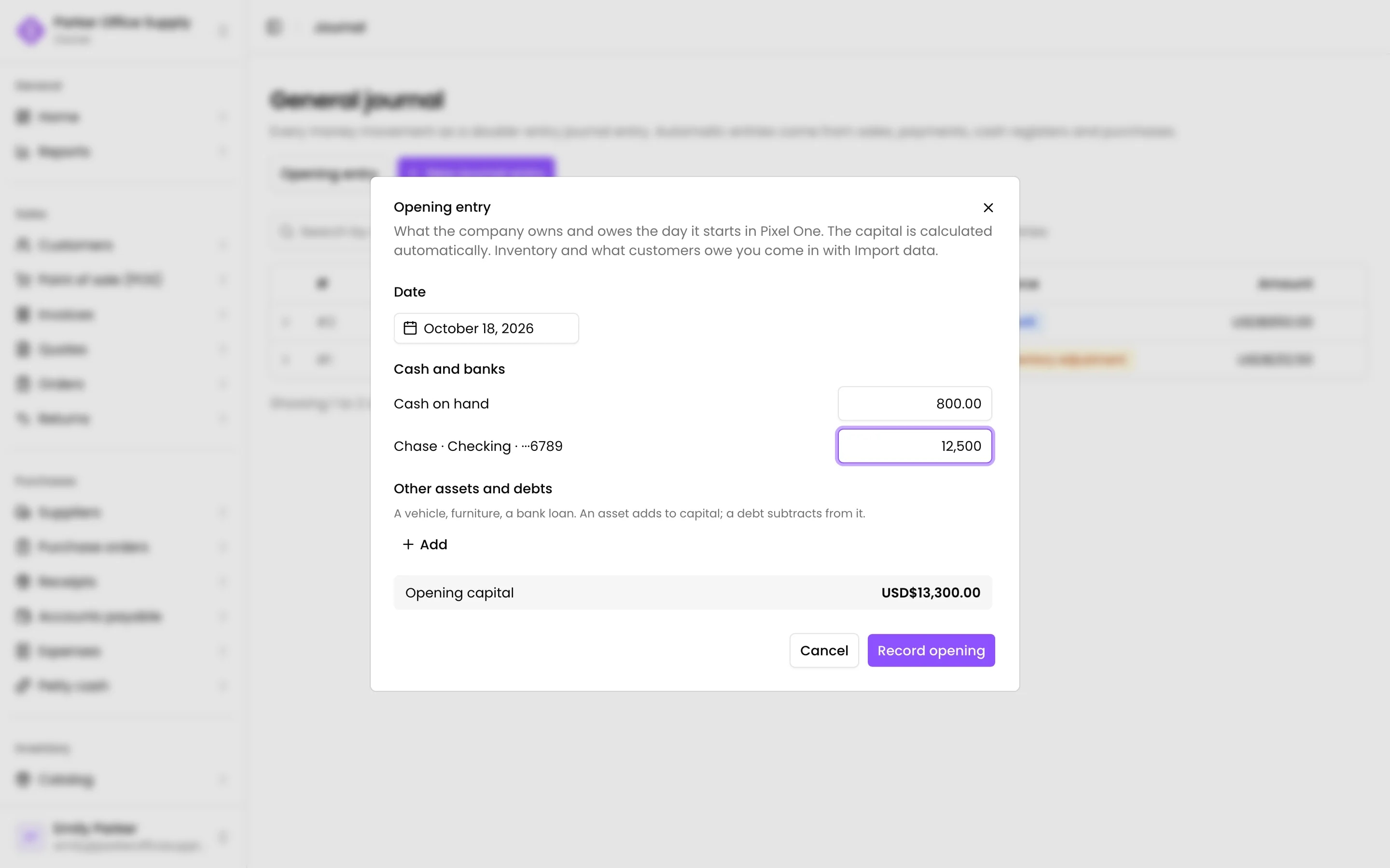 The opening entry dialog with the cash on hand and the bank balances