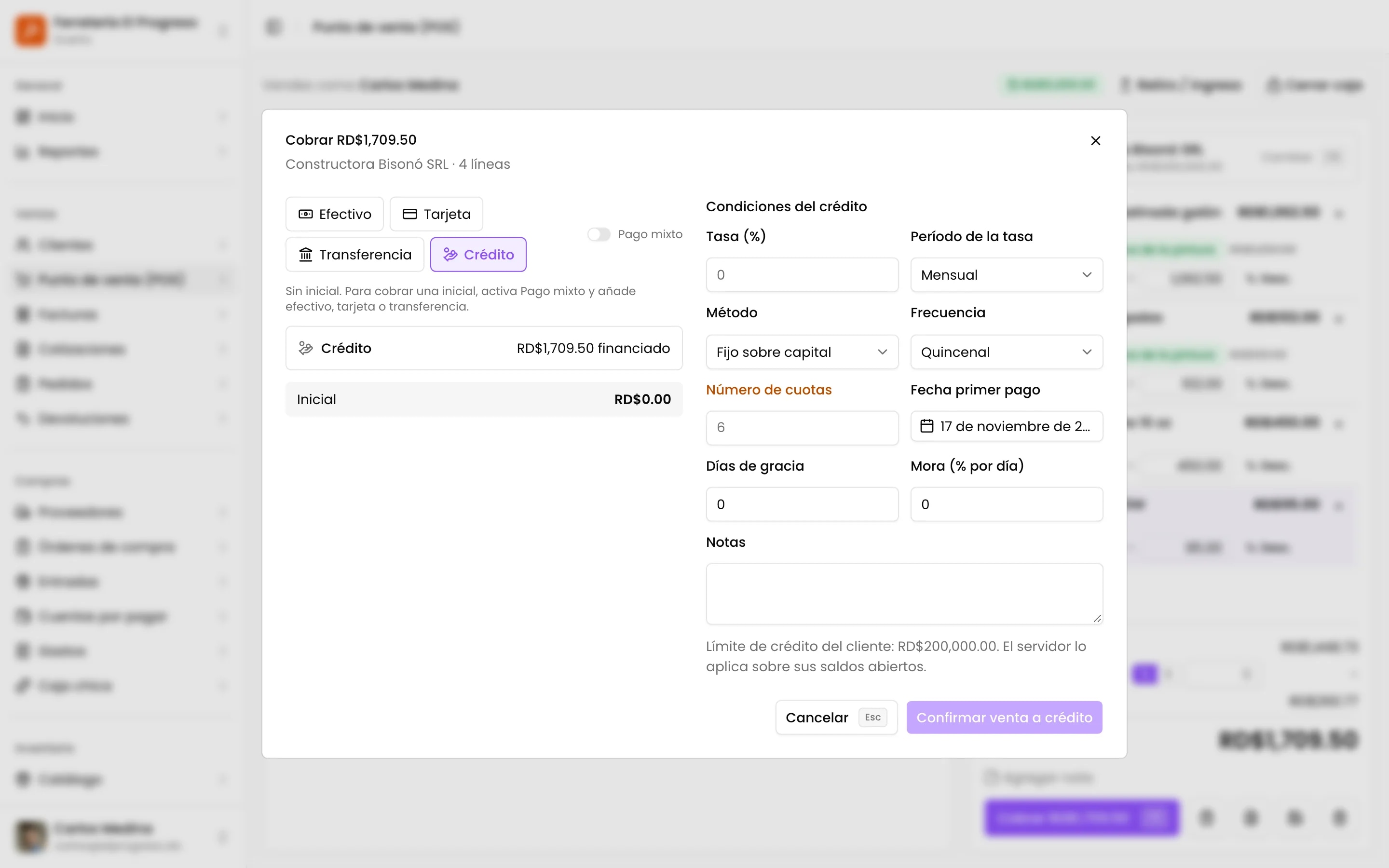La venta a crédito con sus condiciones y el plan de cuotas