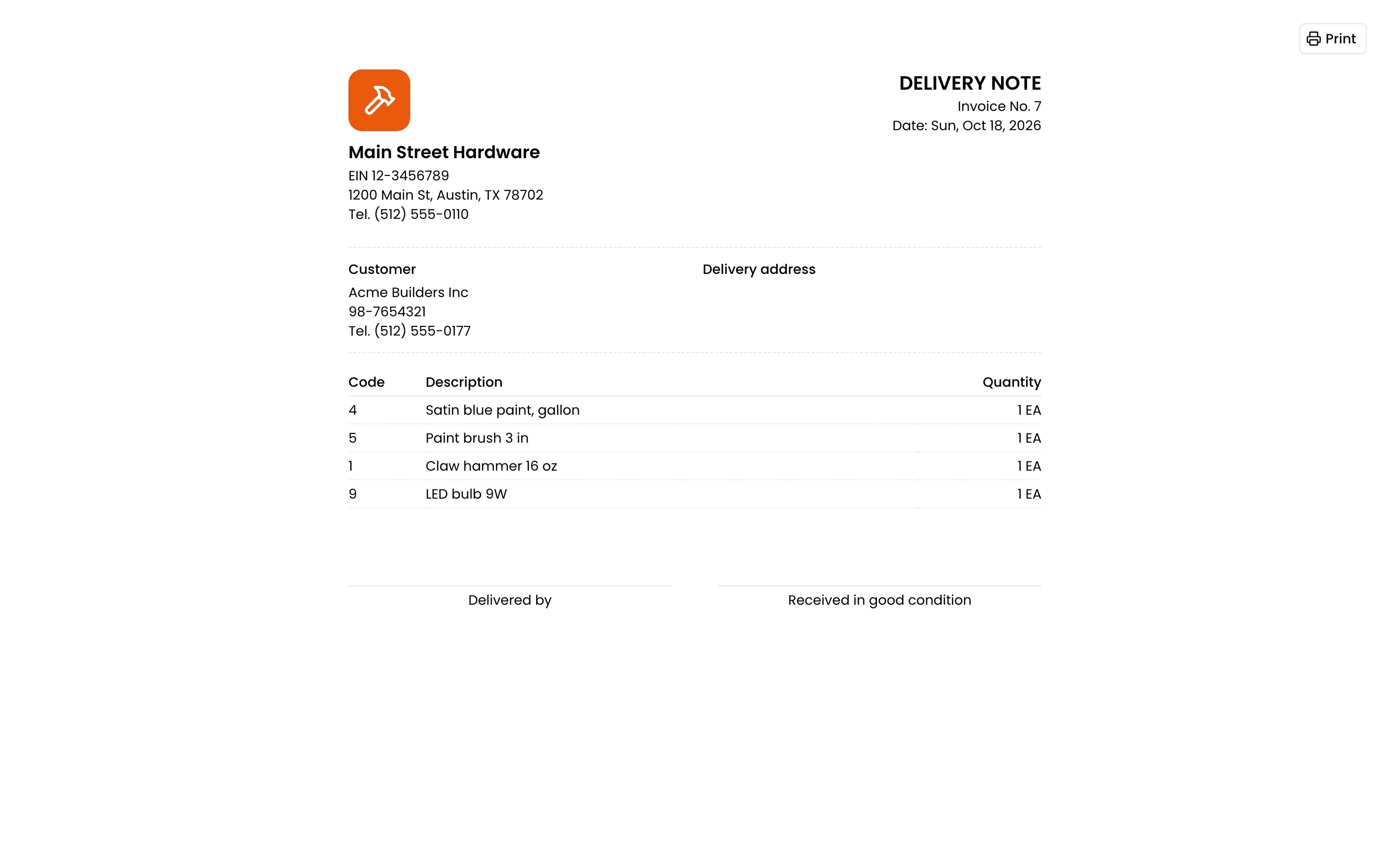 An invoice's delivery note, without prices, to sign