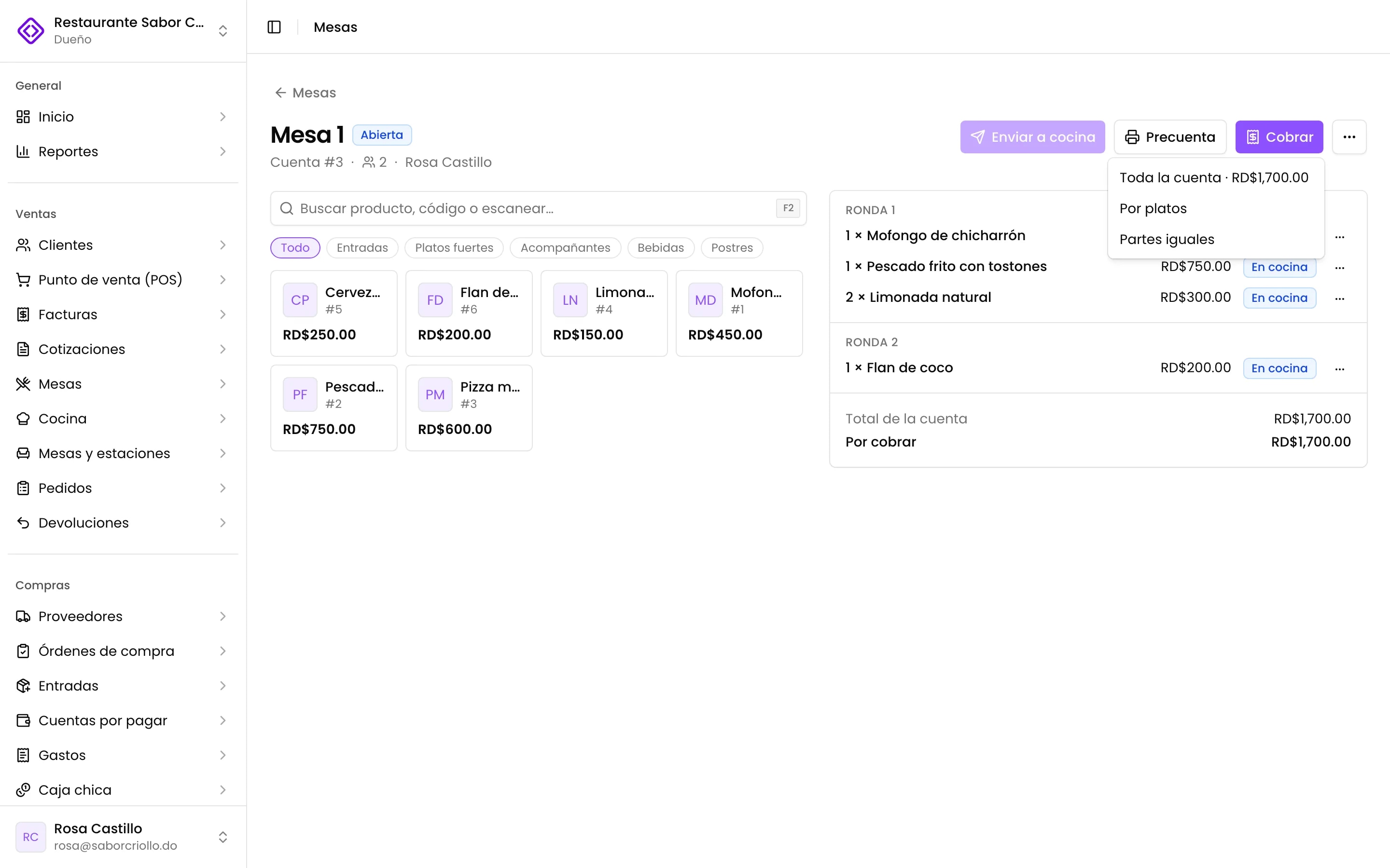 Cobrar la mesa completa, o dividirla en partes iguales o por platos