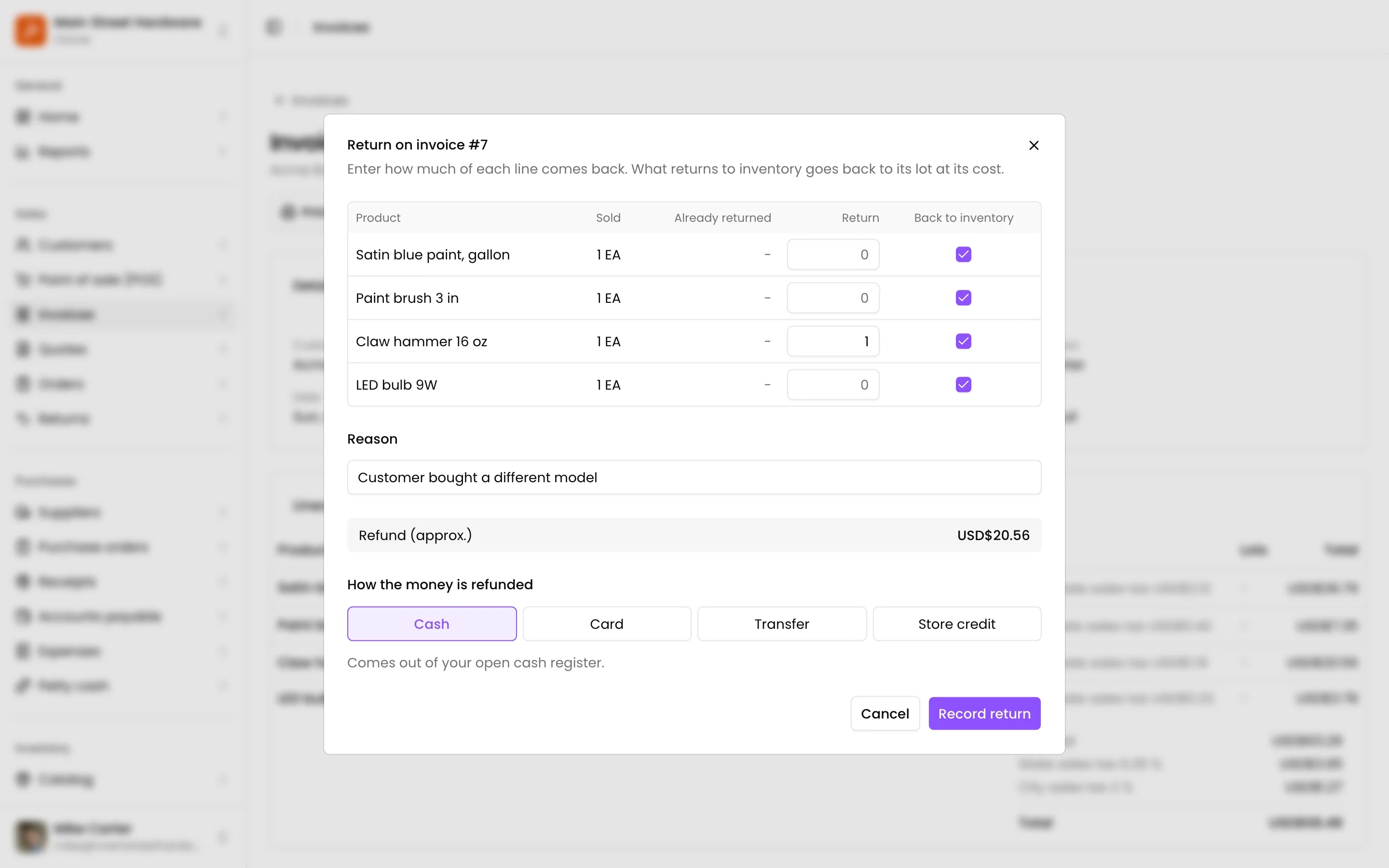 The return: what comes back, why, how it is refunded and whether it goes back to inventory