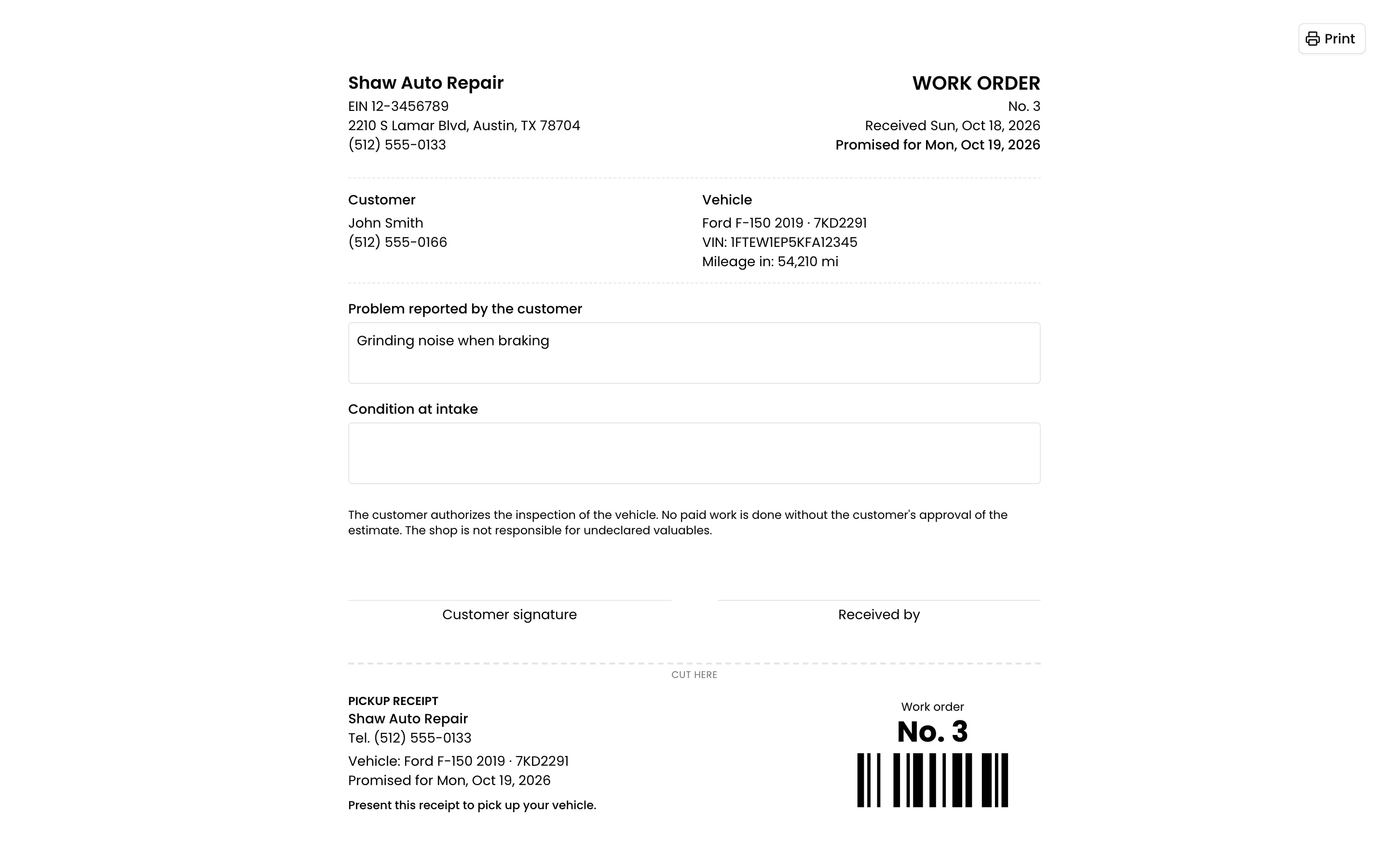 The intake sheet to sign, with the pickup receipt to cut off at its foot