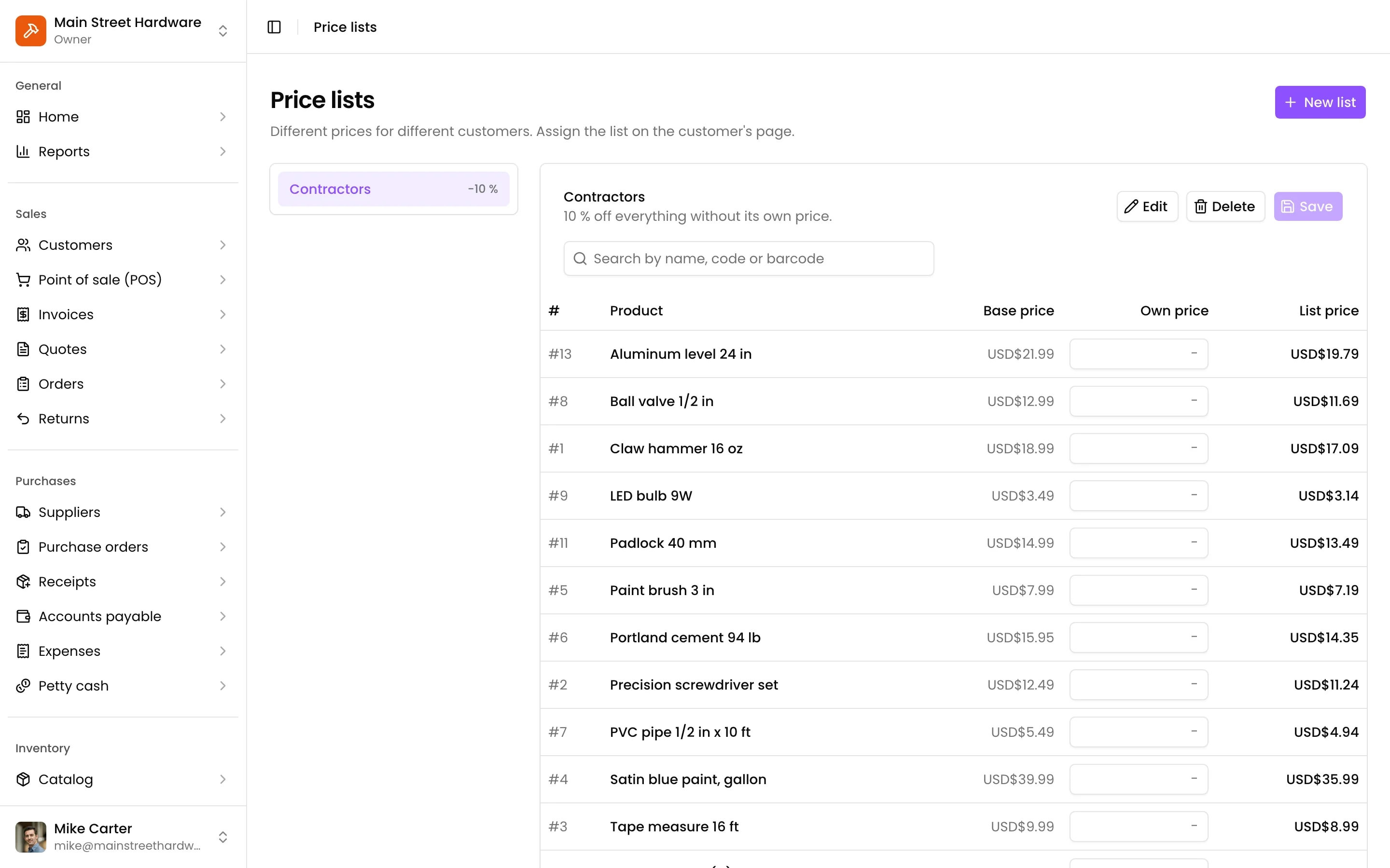 A price list at 10 % off with its own price for some products