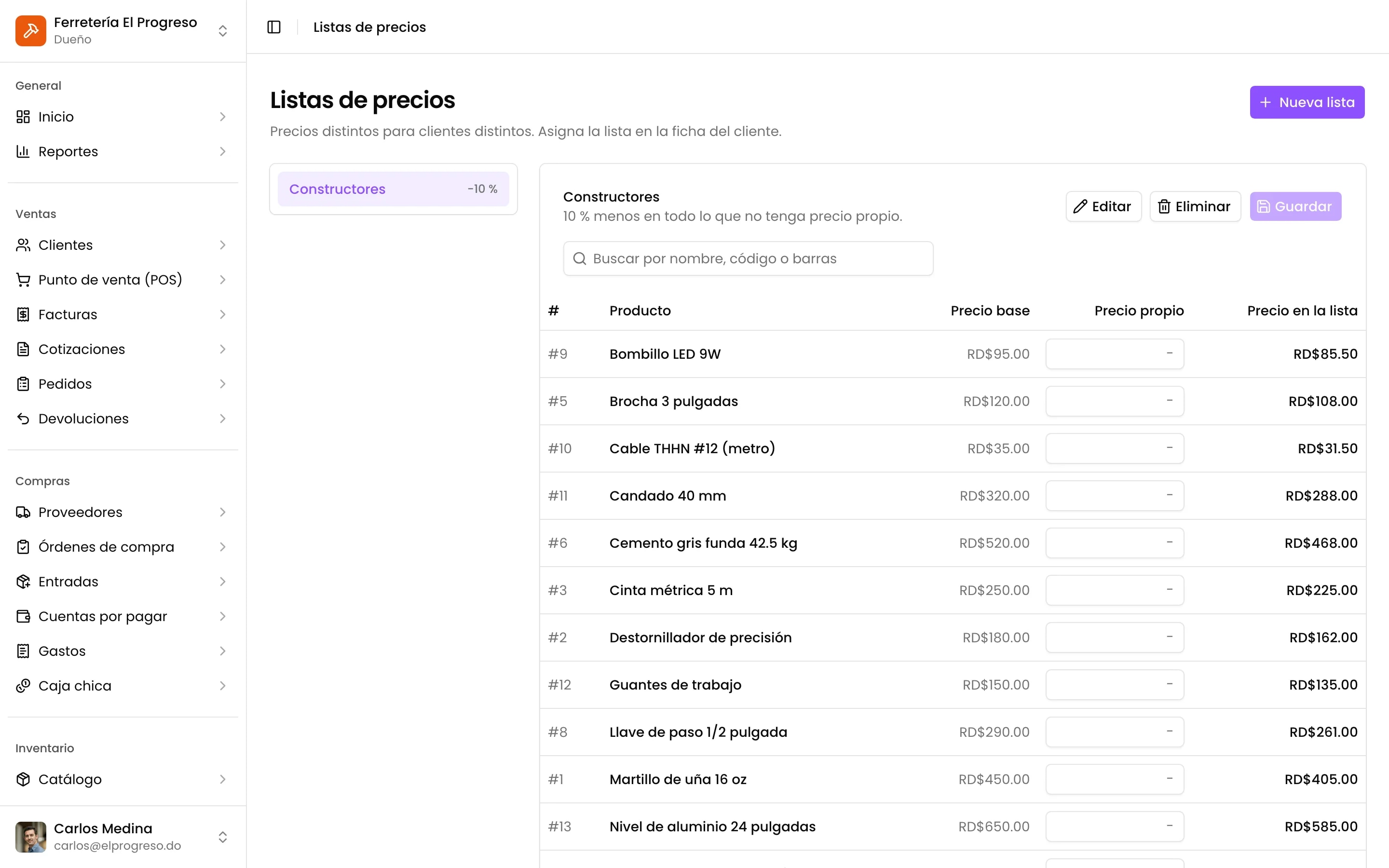 Una lista de precios con 10 % menos y precios propios por producto
