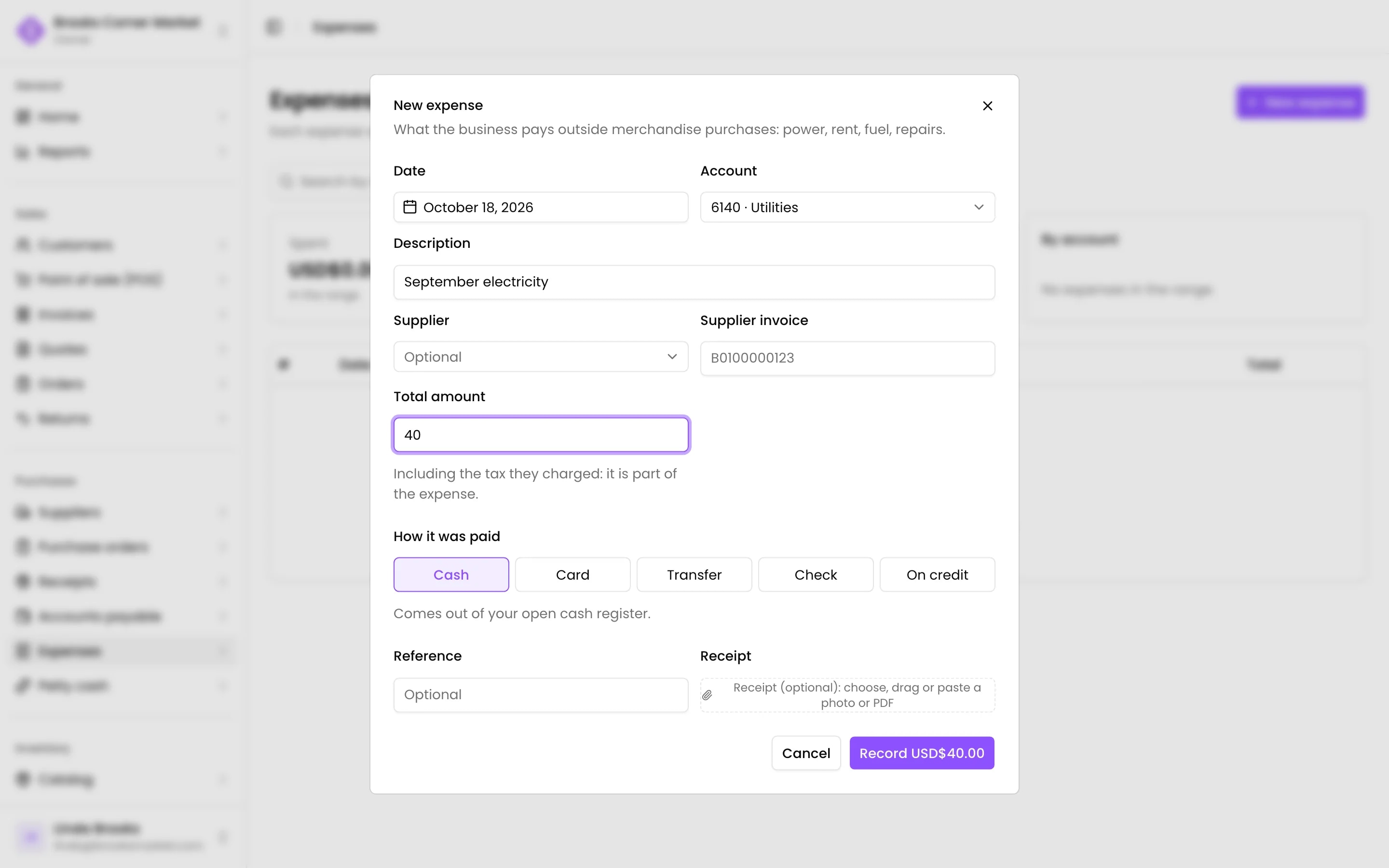 A new expense with its account, its description and how it was paid
