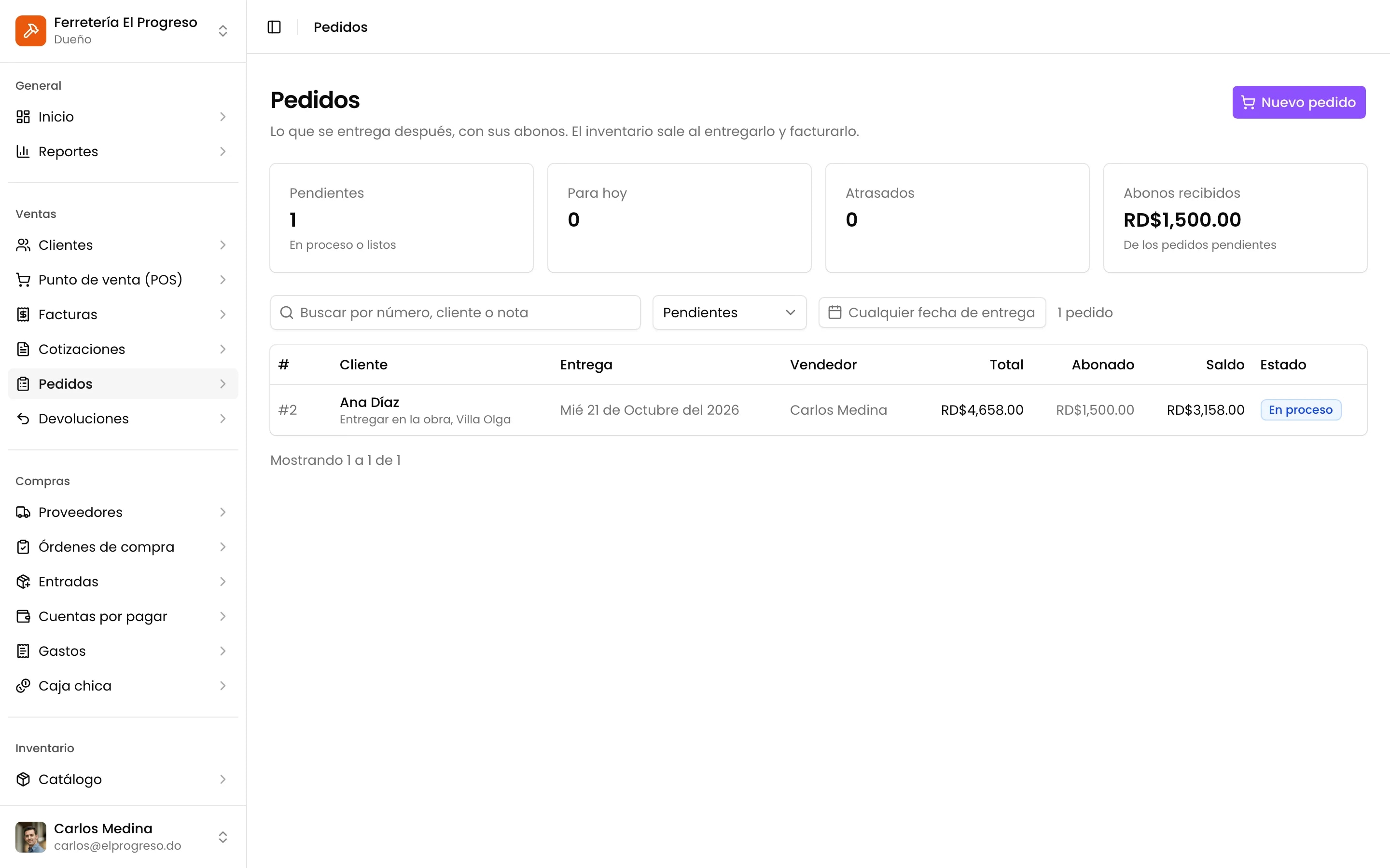 Pedidos pendientes y entregados, con sus abonos y fechas de entrega
