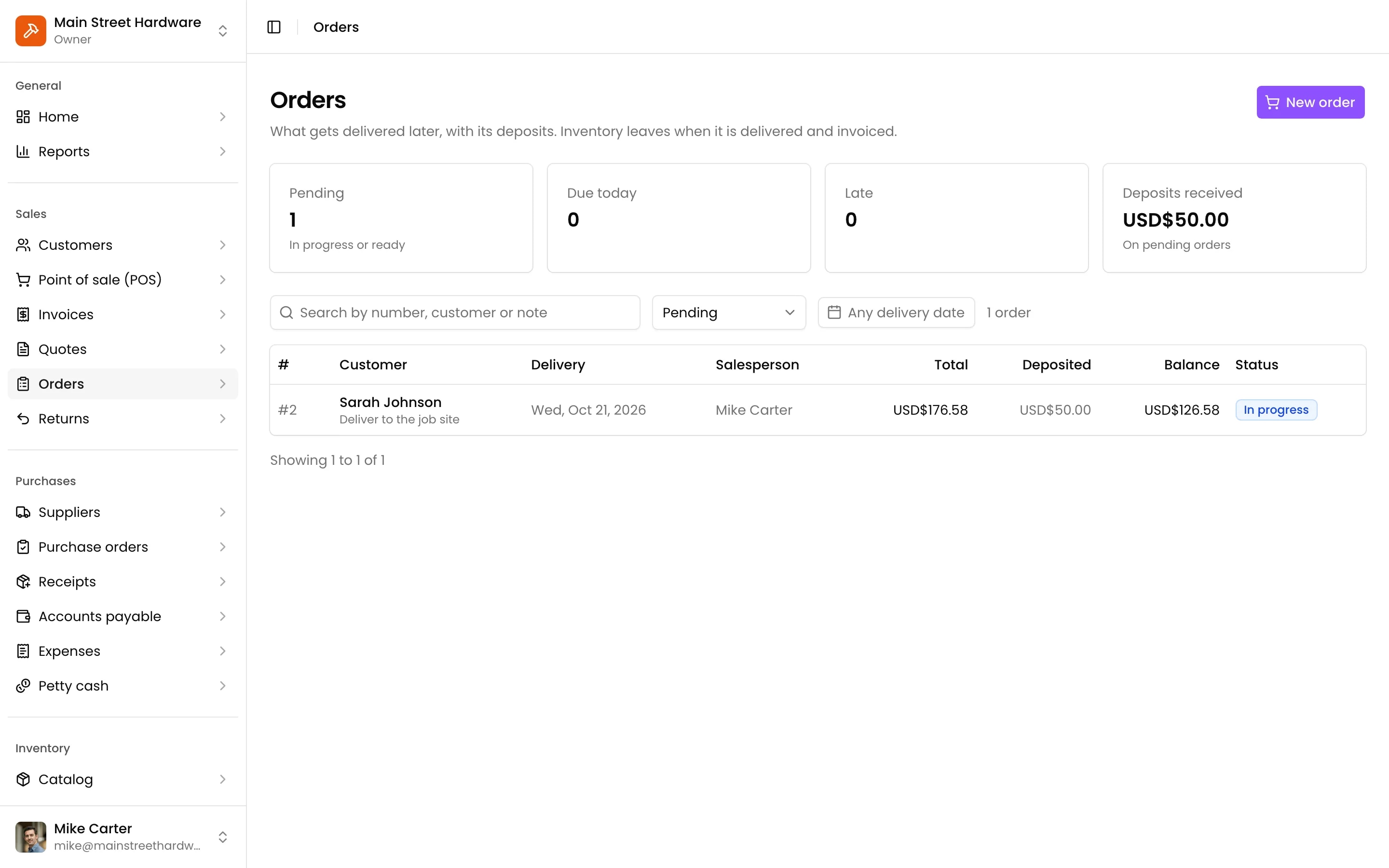 Pending and delivered orders, with their deposits and delivery dates