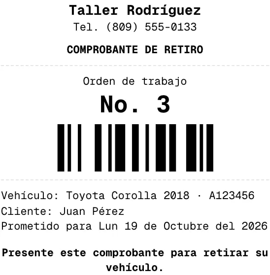 El comprobante de retiro en 80 mm, con el número de la orden en código de barras