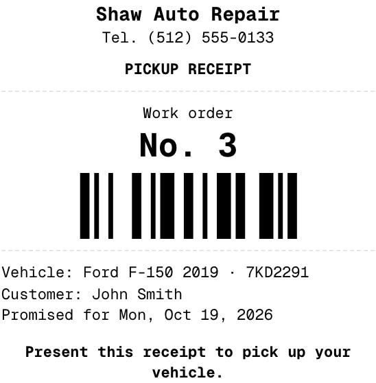 The pickup receipt on 80 mm, with the order number as a barcode