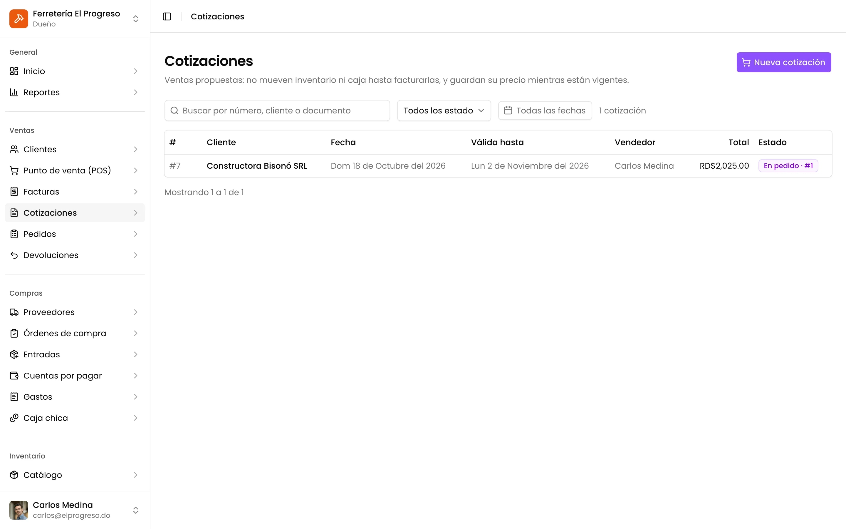 La lista de cotizaciones con su estado