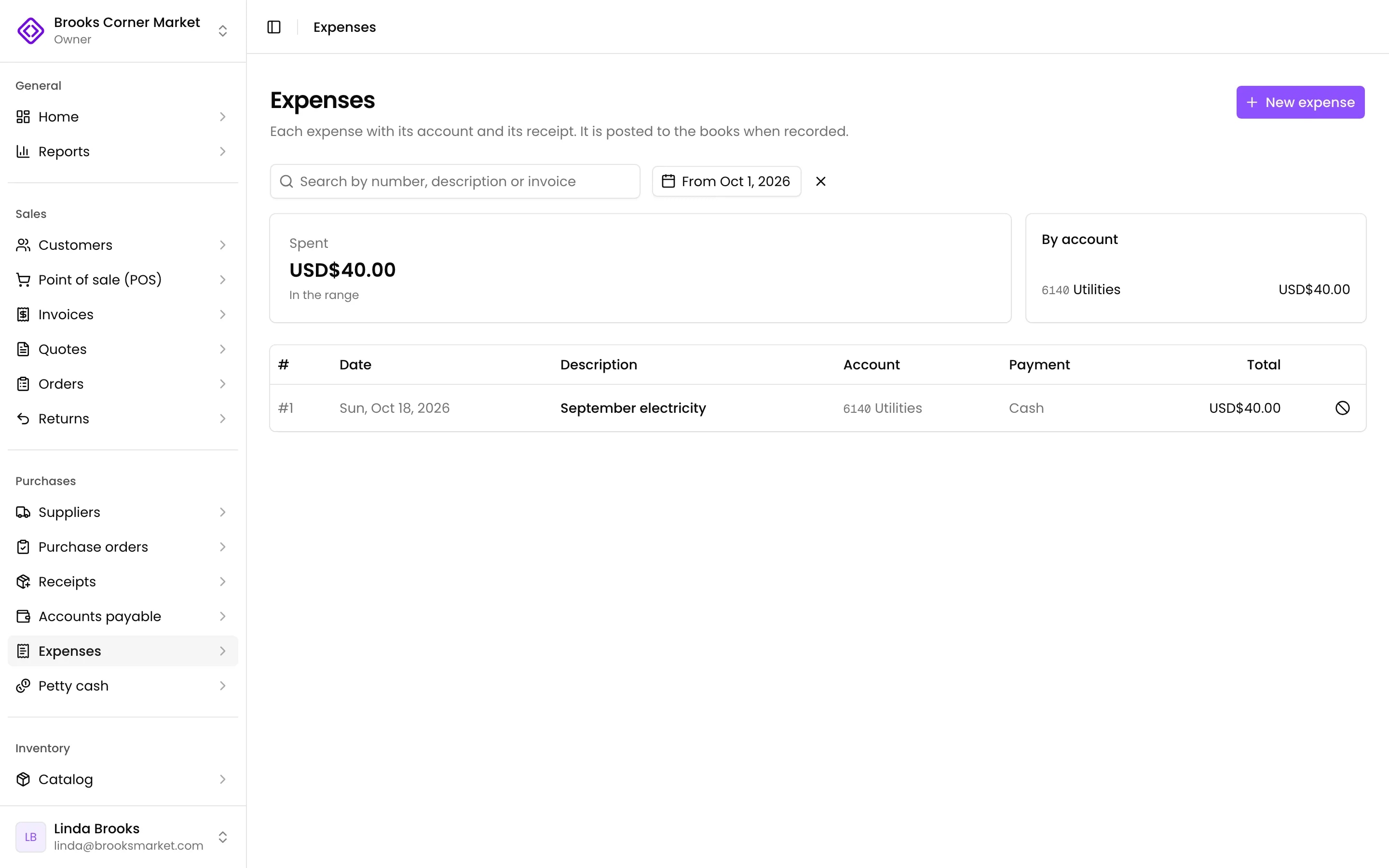 The expenses with their account, payment method and amount