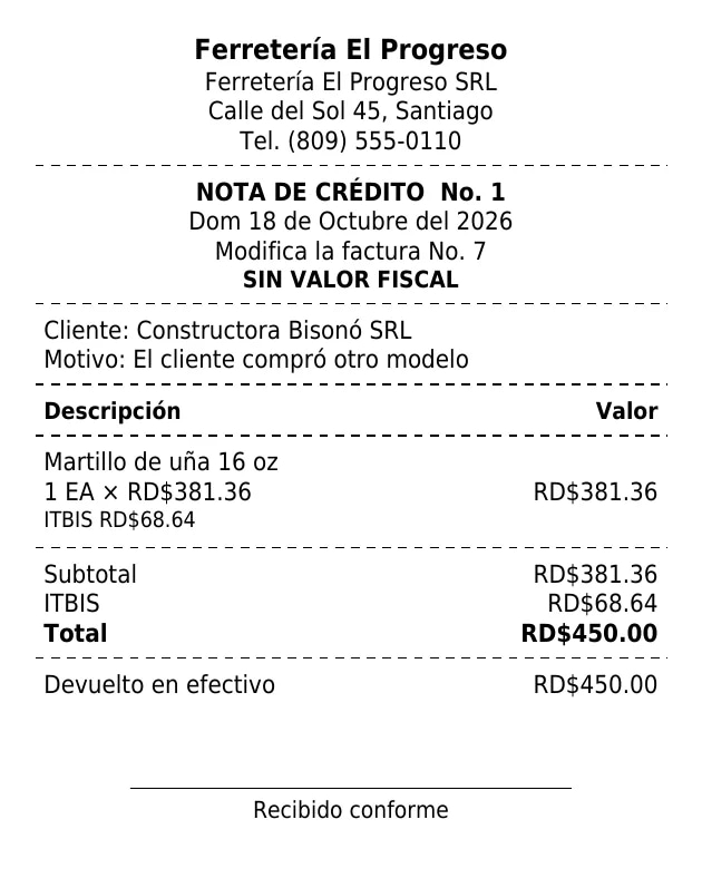 La nota de crédito impresa en 80 mm