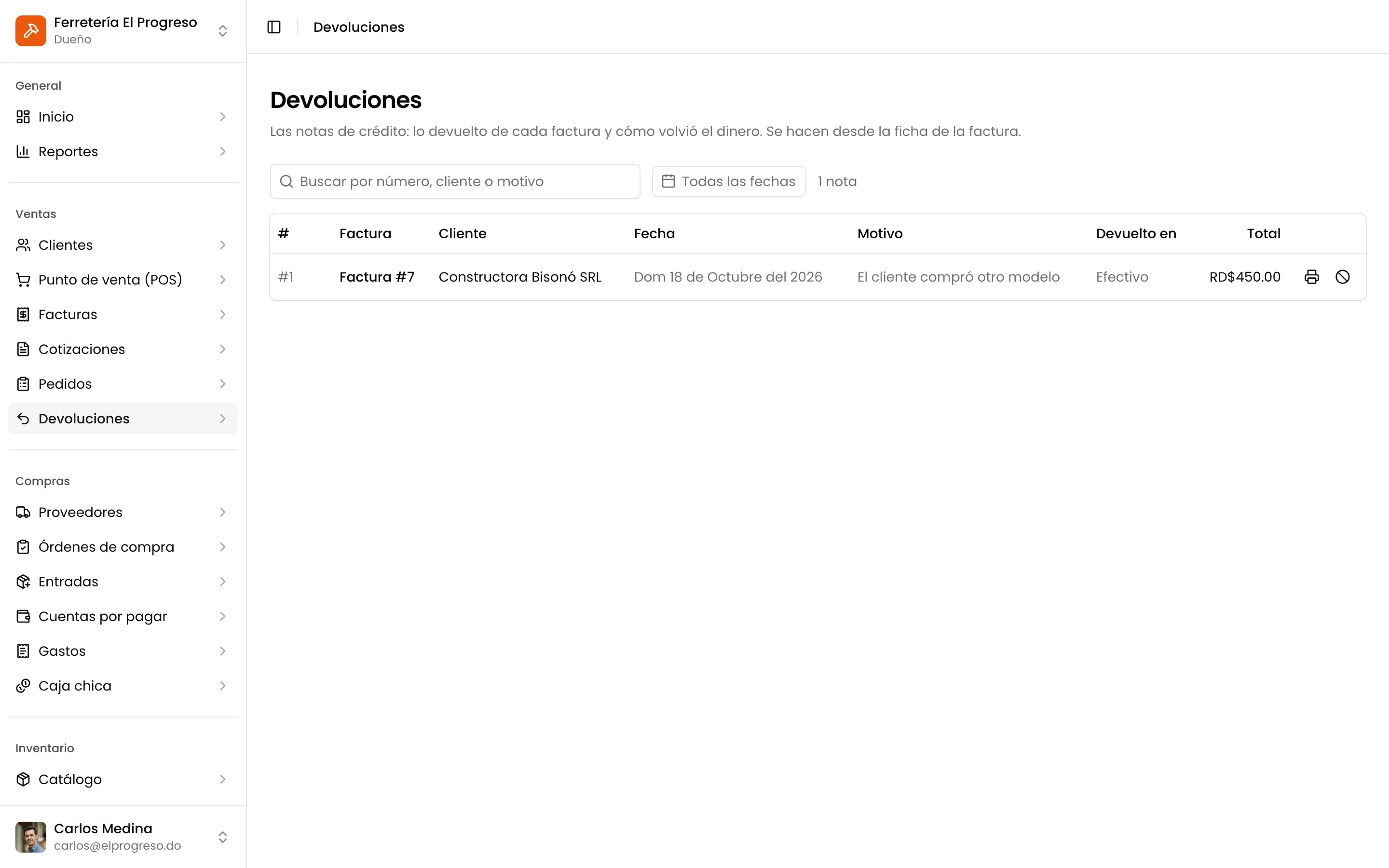 La lista de devoluciones, cada una con su factura