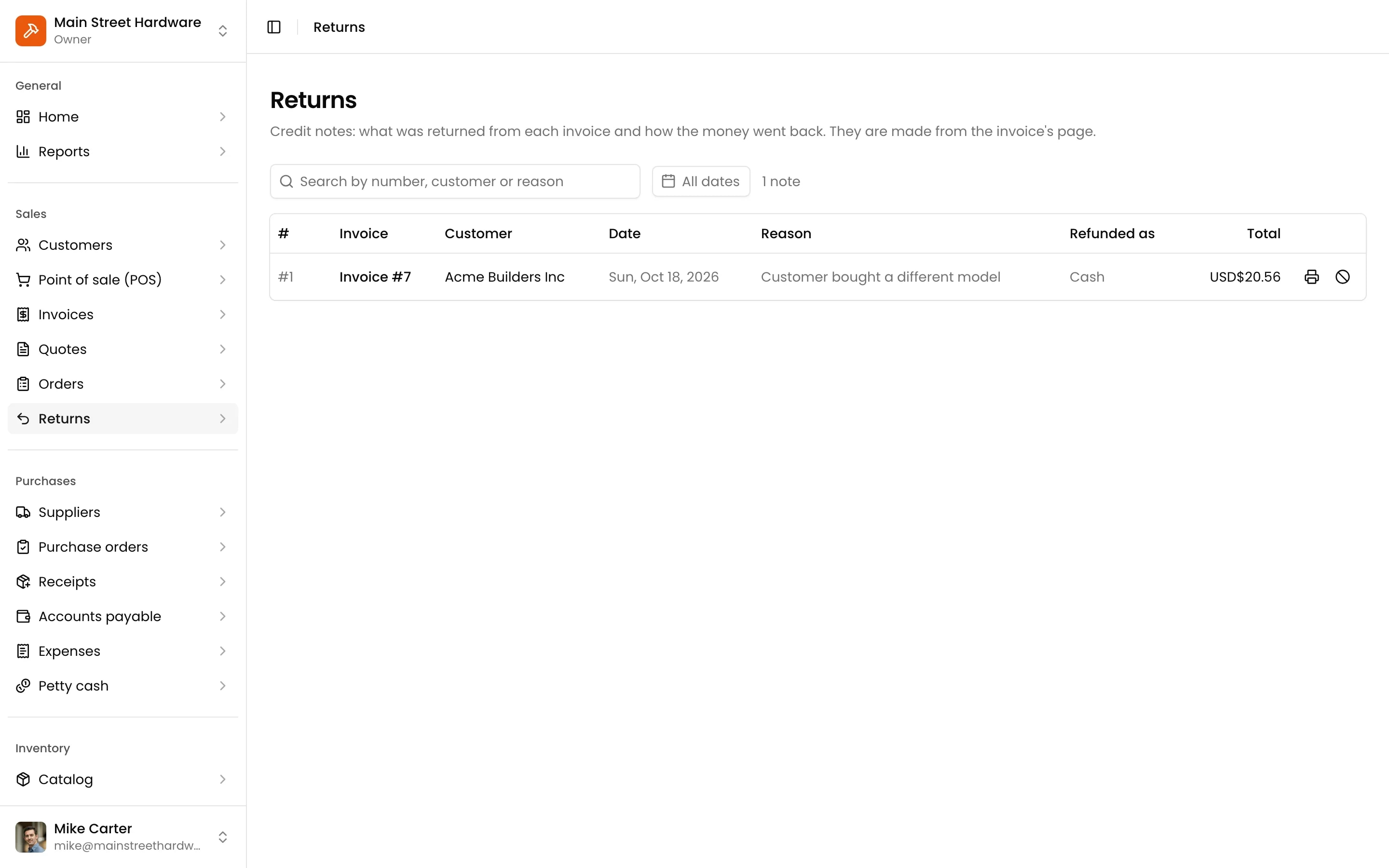 The list of returns, each with its invoice