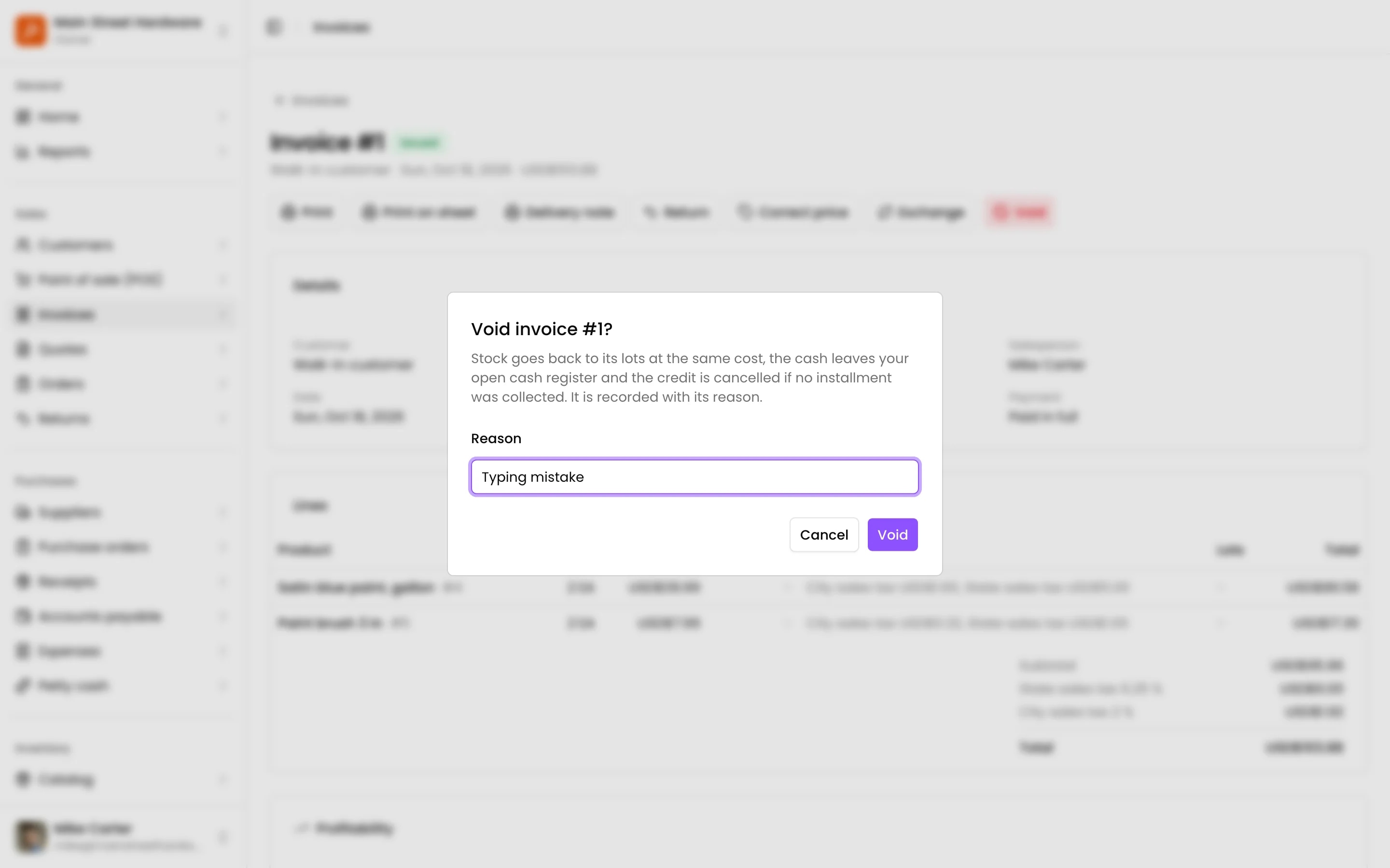 Voiding an invoice: the reason is required