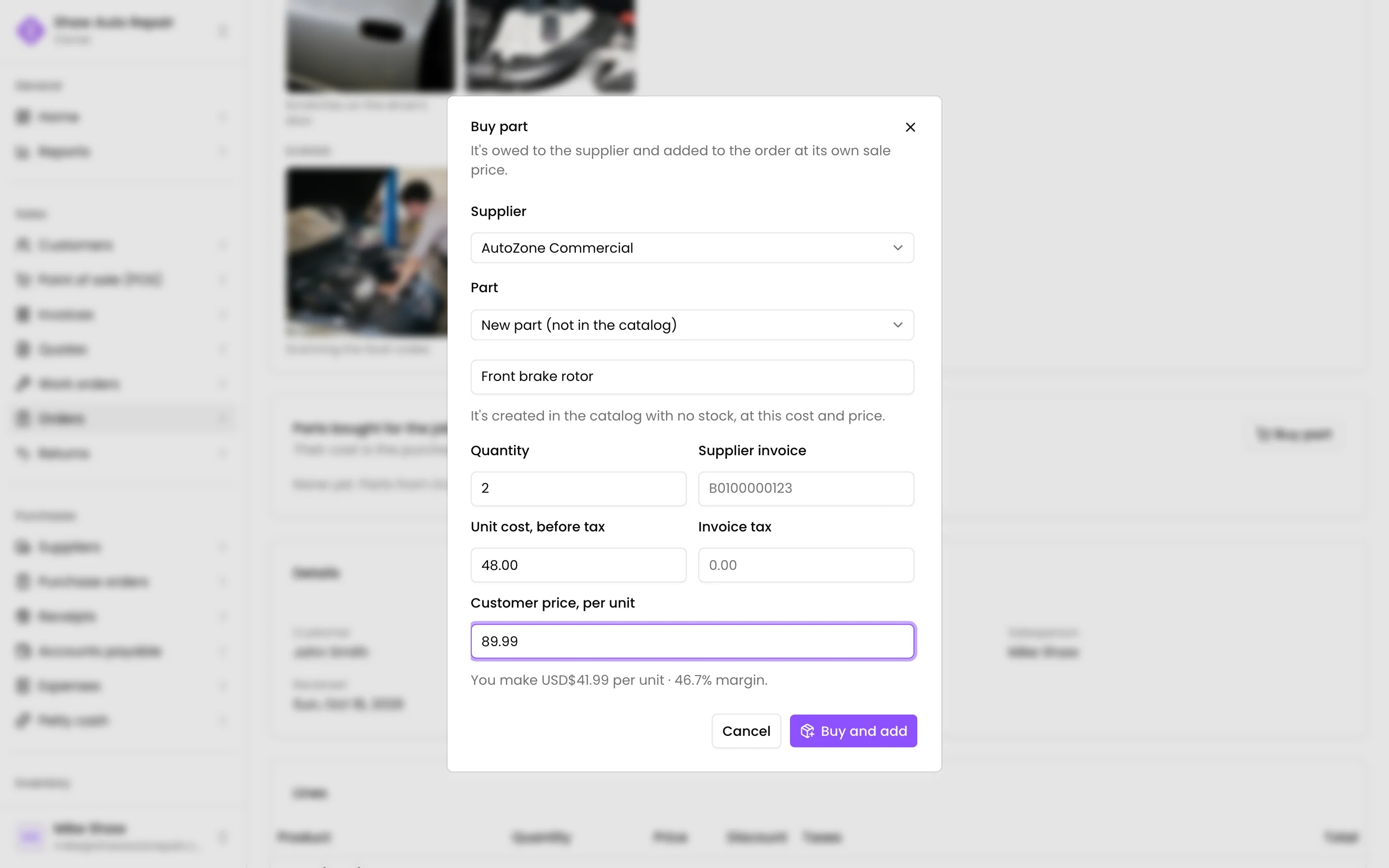 Buying a part for the order: its cost, its customer price and the margin