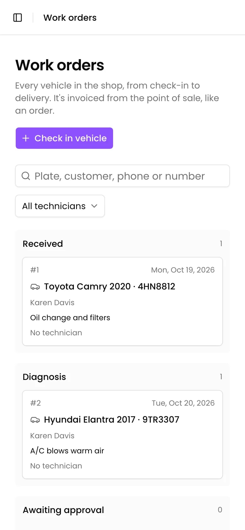 The repair order board on a phone